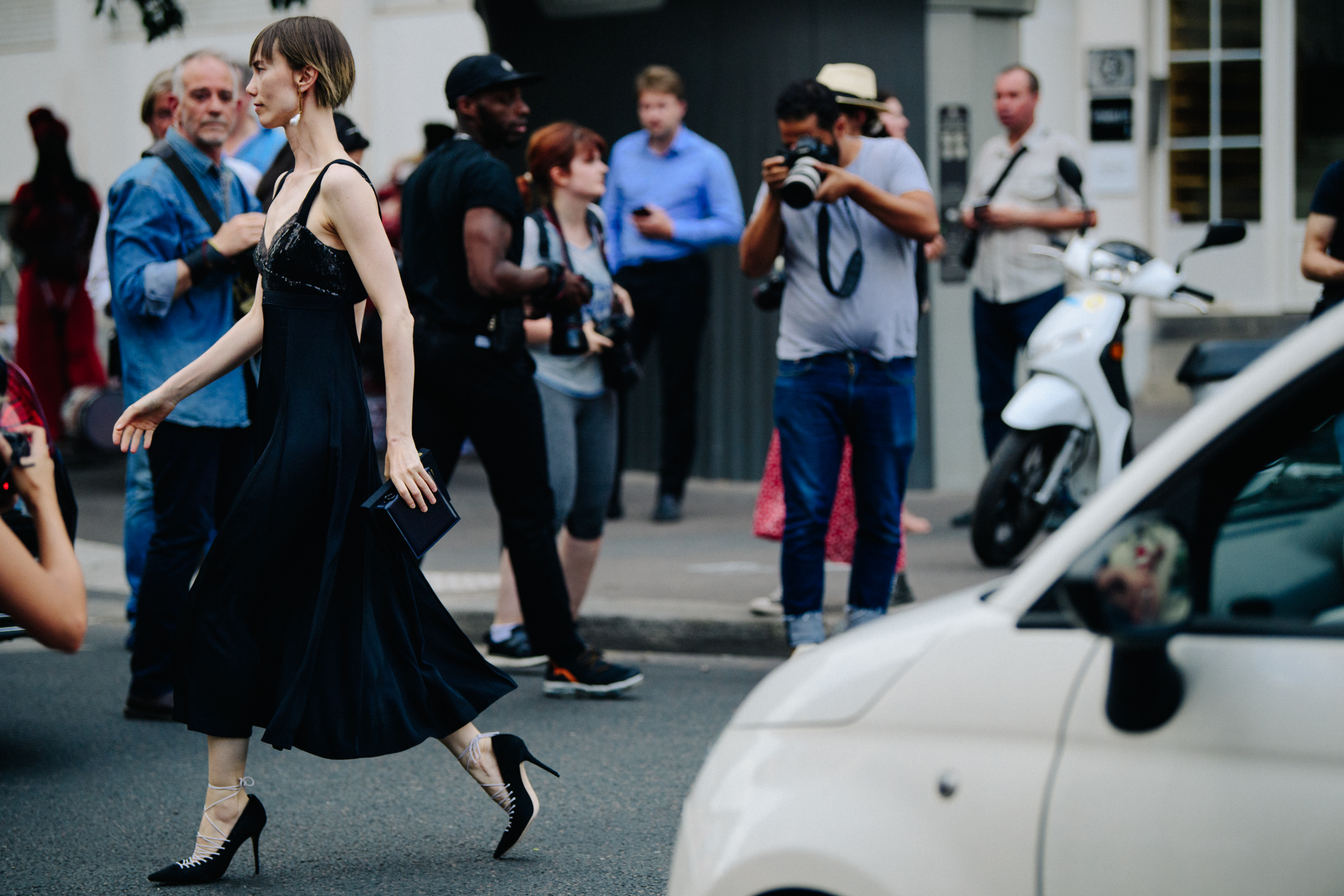 Woman wearing black dress