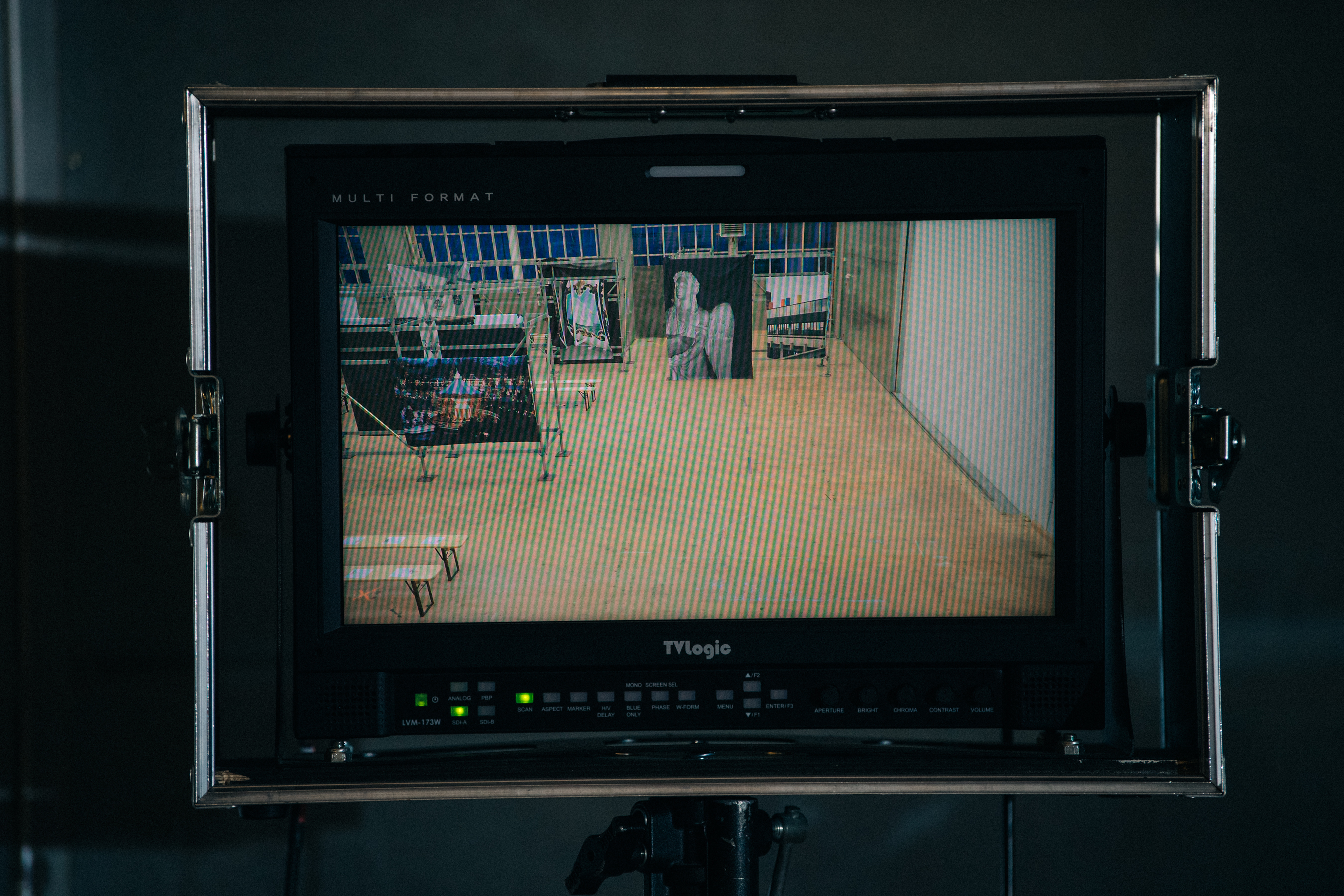 TV monitor backstage at Ganni