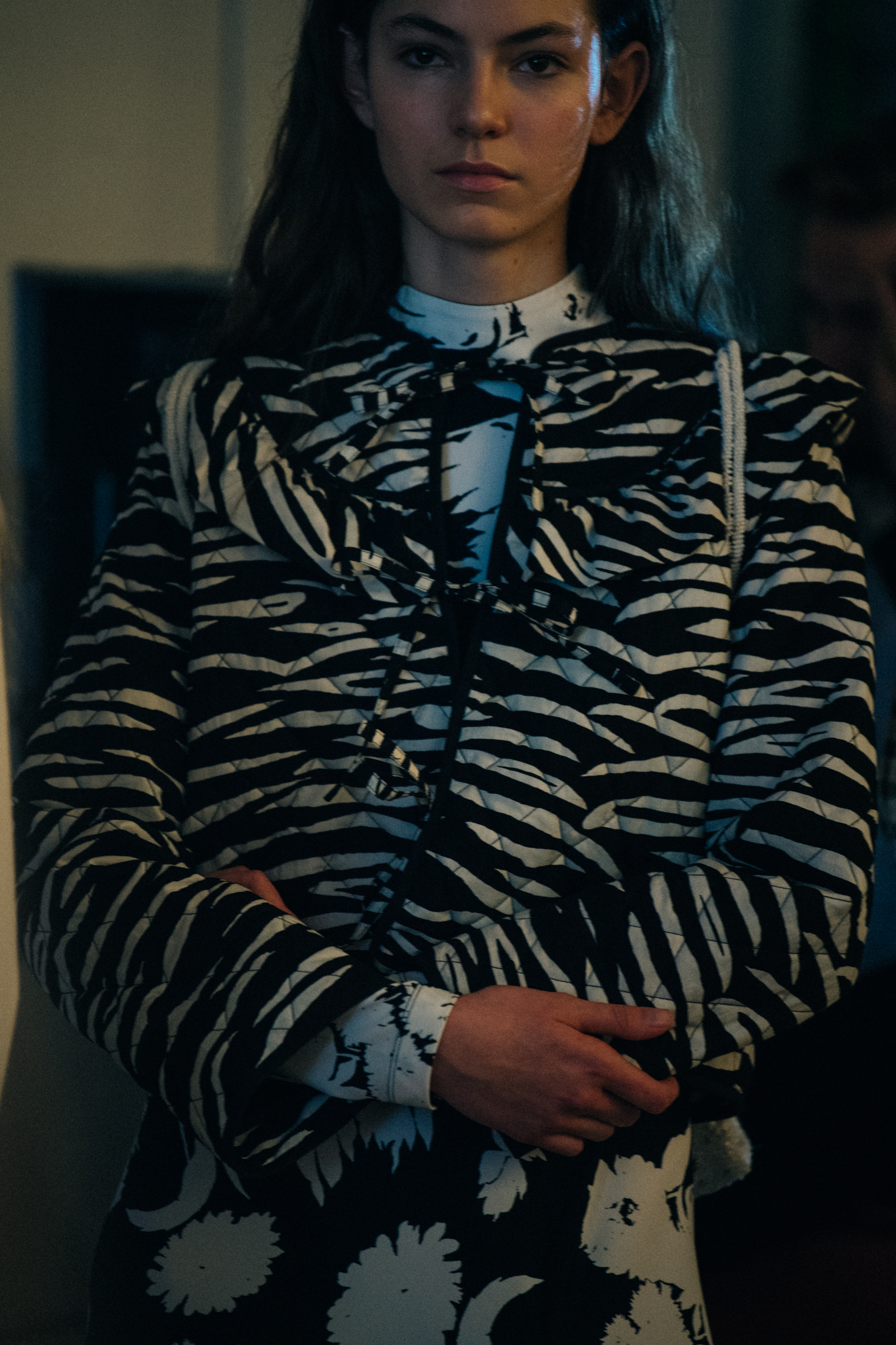Model wearing black and white outfit at Ganni