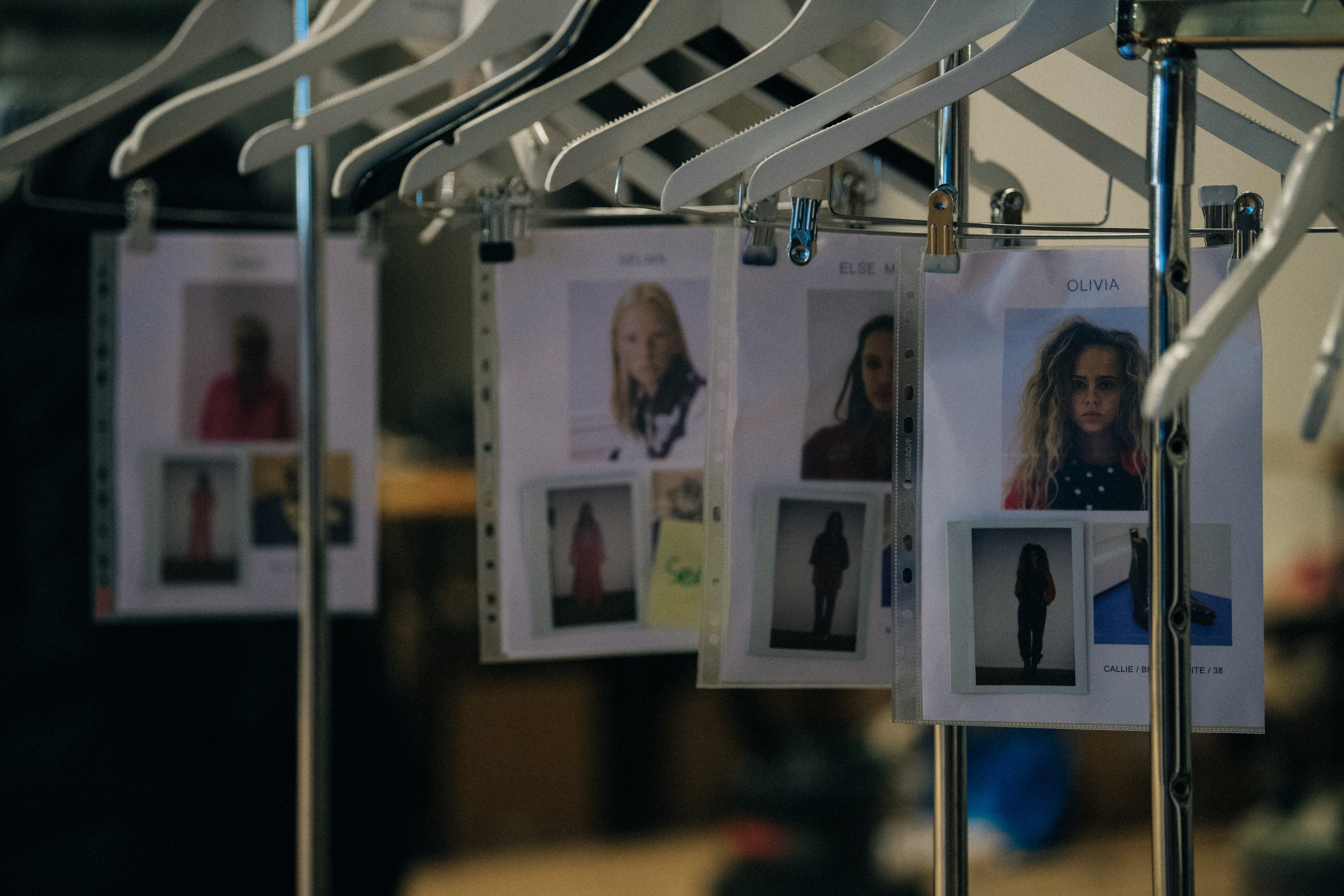 Model cards backstage at Ganni