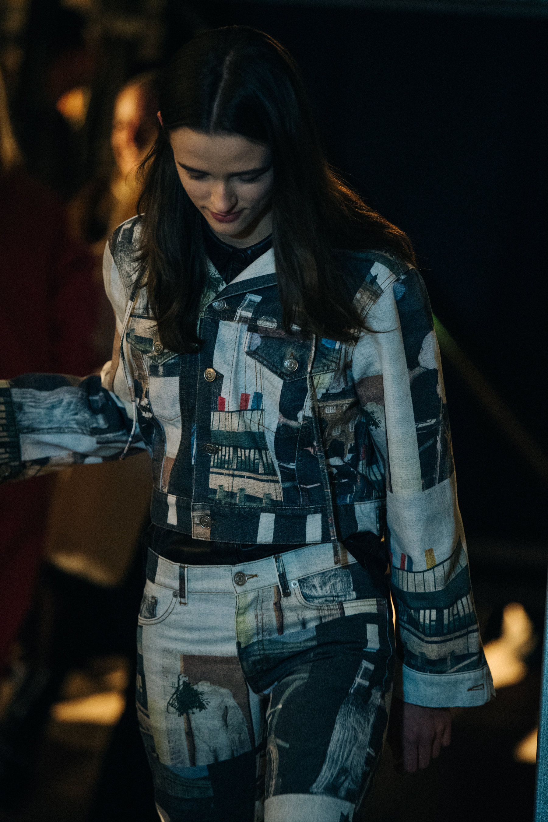 Model wearing black and white outfit at Ganni