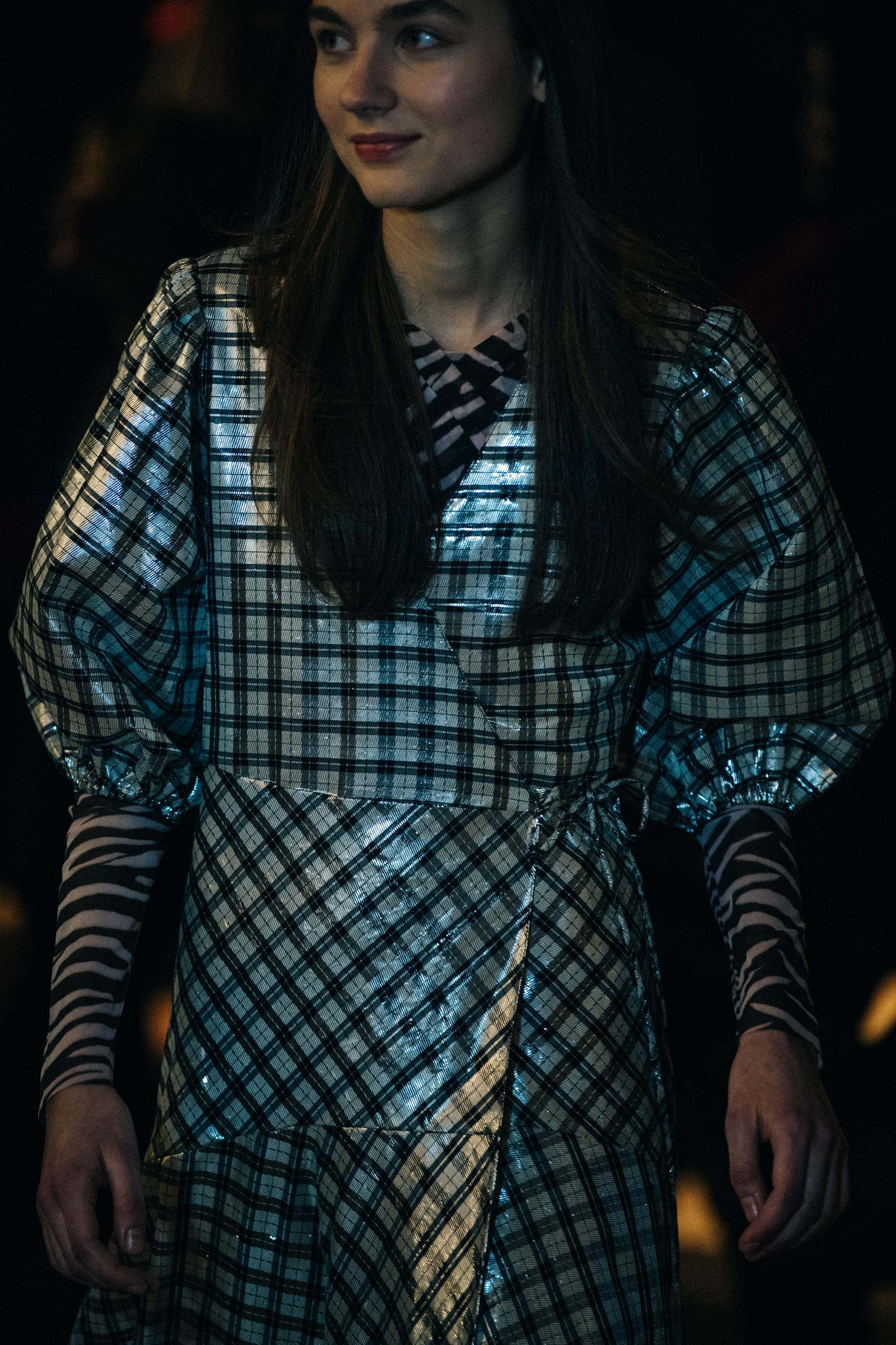 Model wearing black and white outfit at Ganni