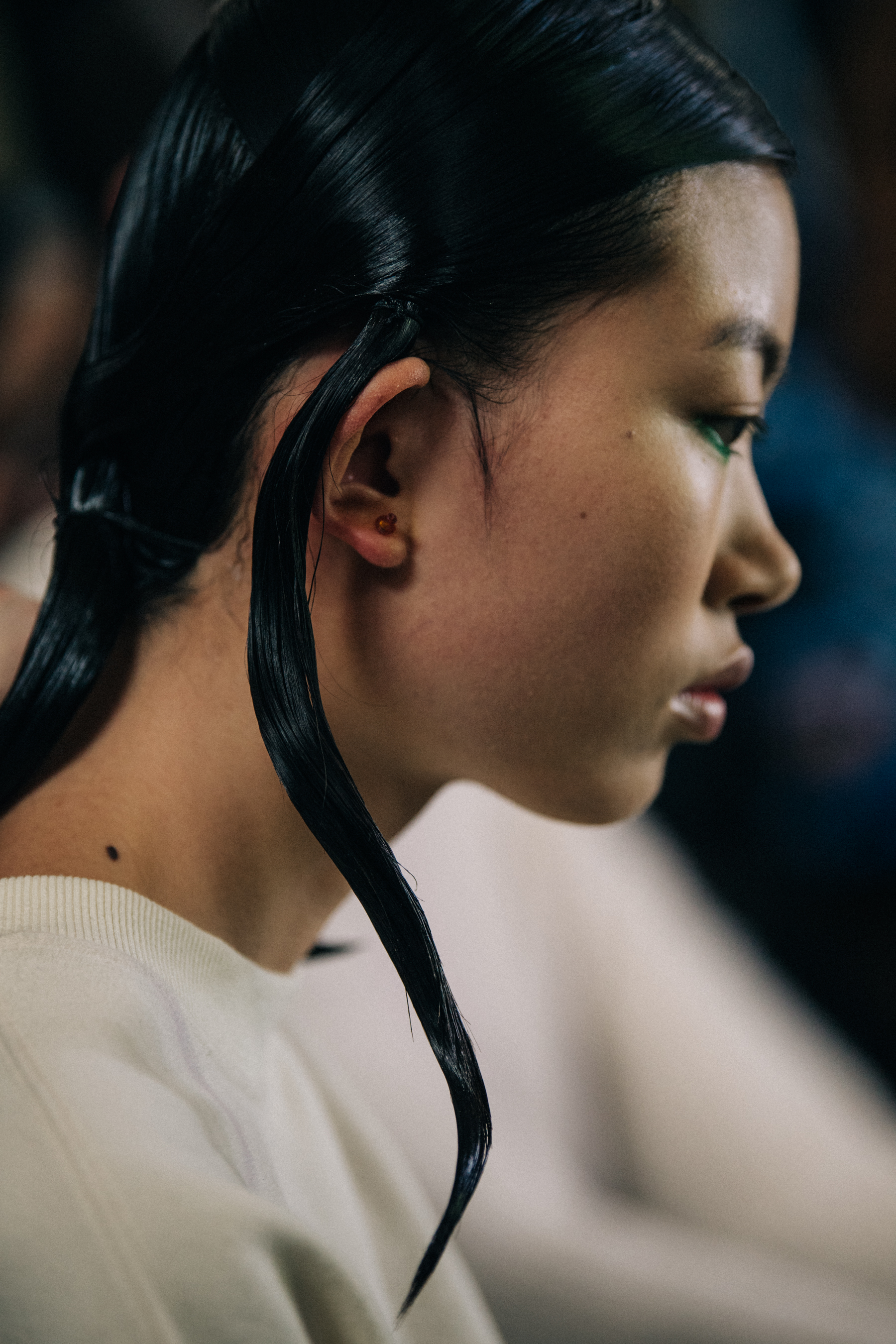 Model having hair styled