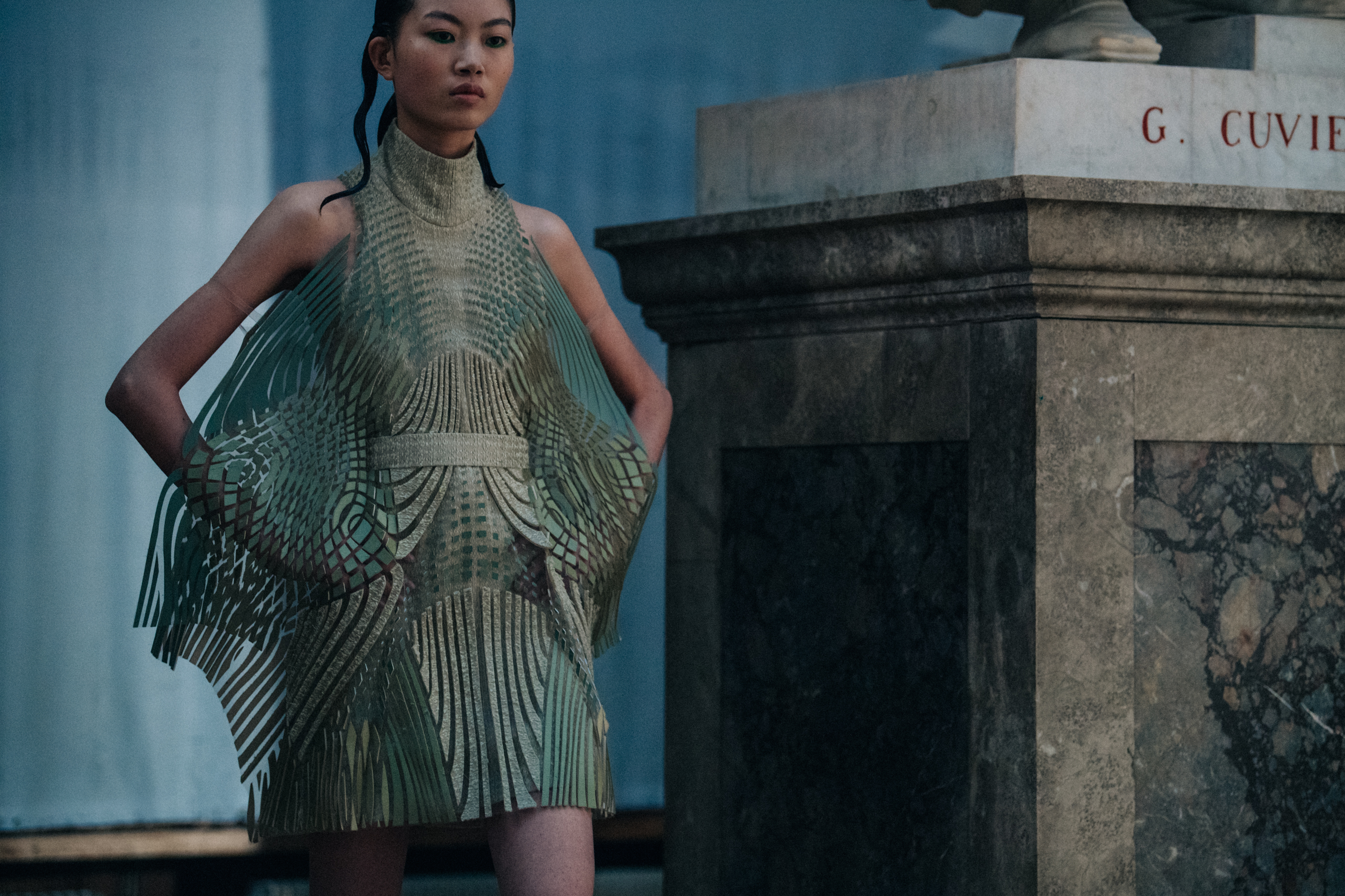 Model wearing elegant dress on runway