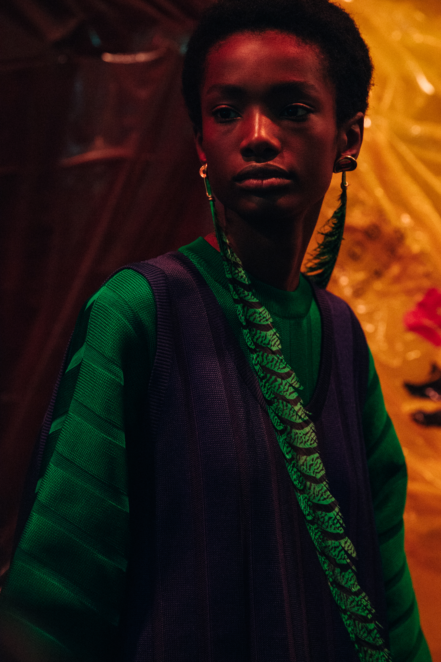 Model wearing green and purple at Marni