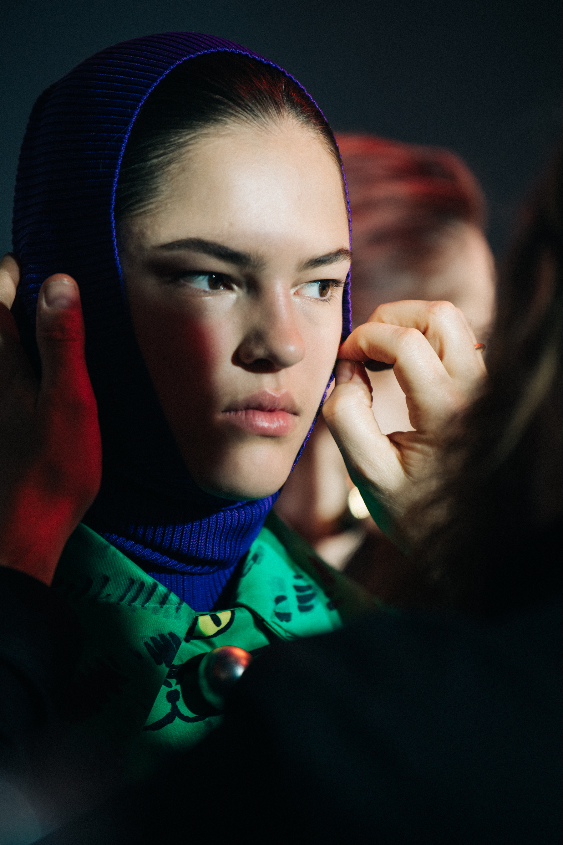 Model wearing green and purple at Marni