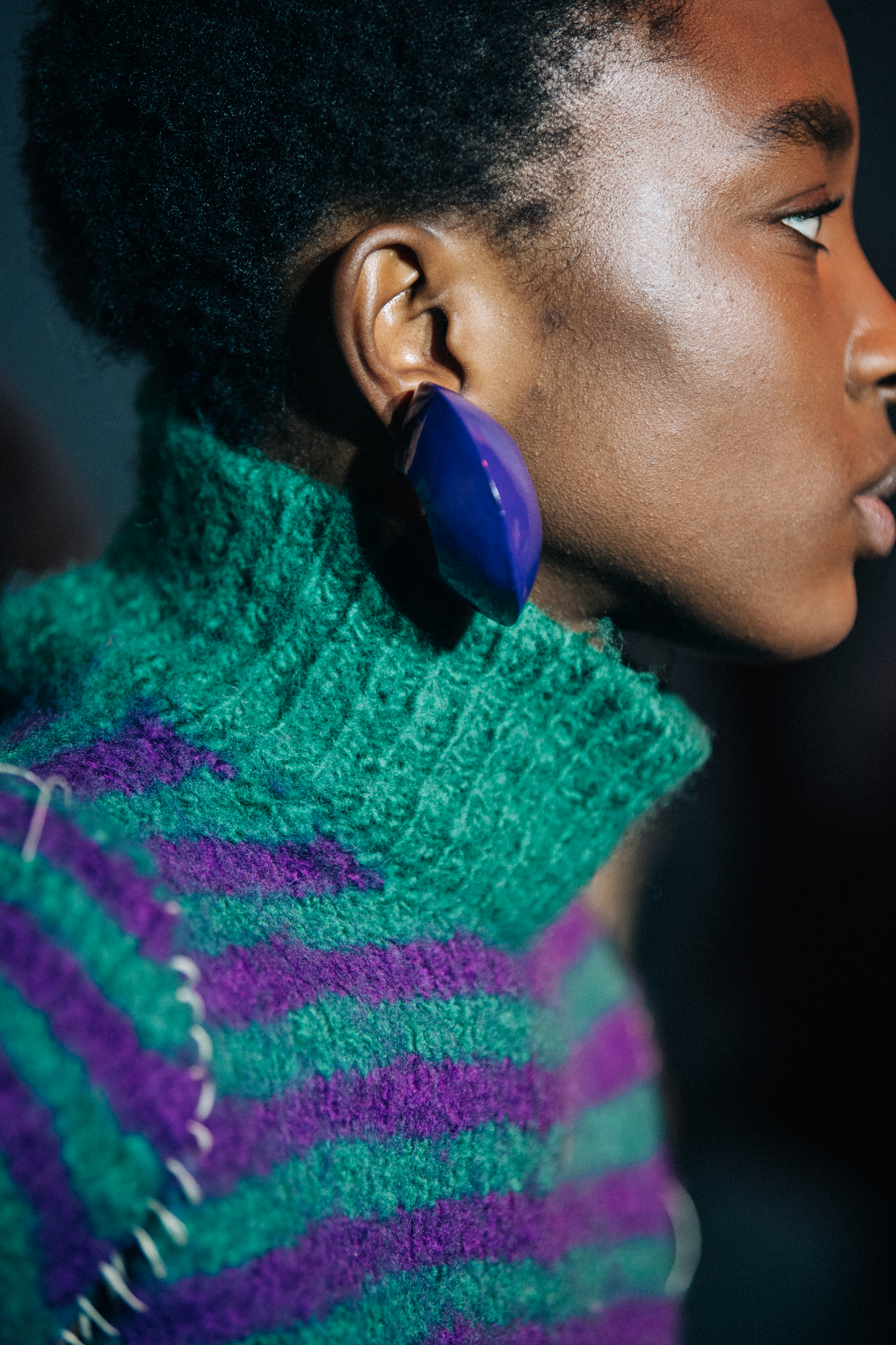 Model wearing green and purple at Marni