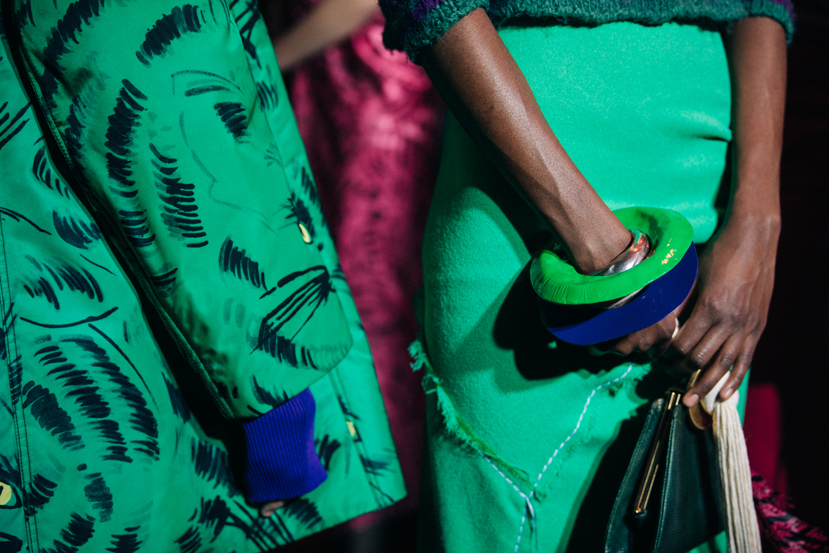 Model wearing green bracelet at Marni