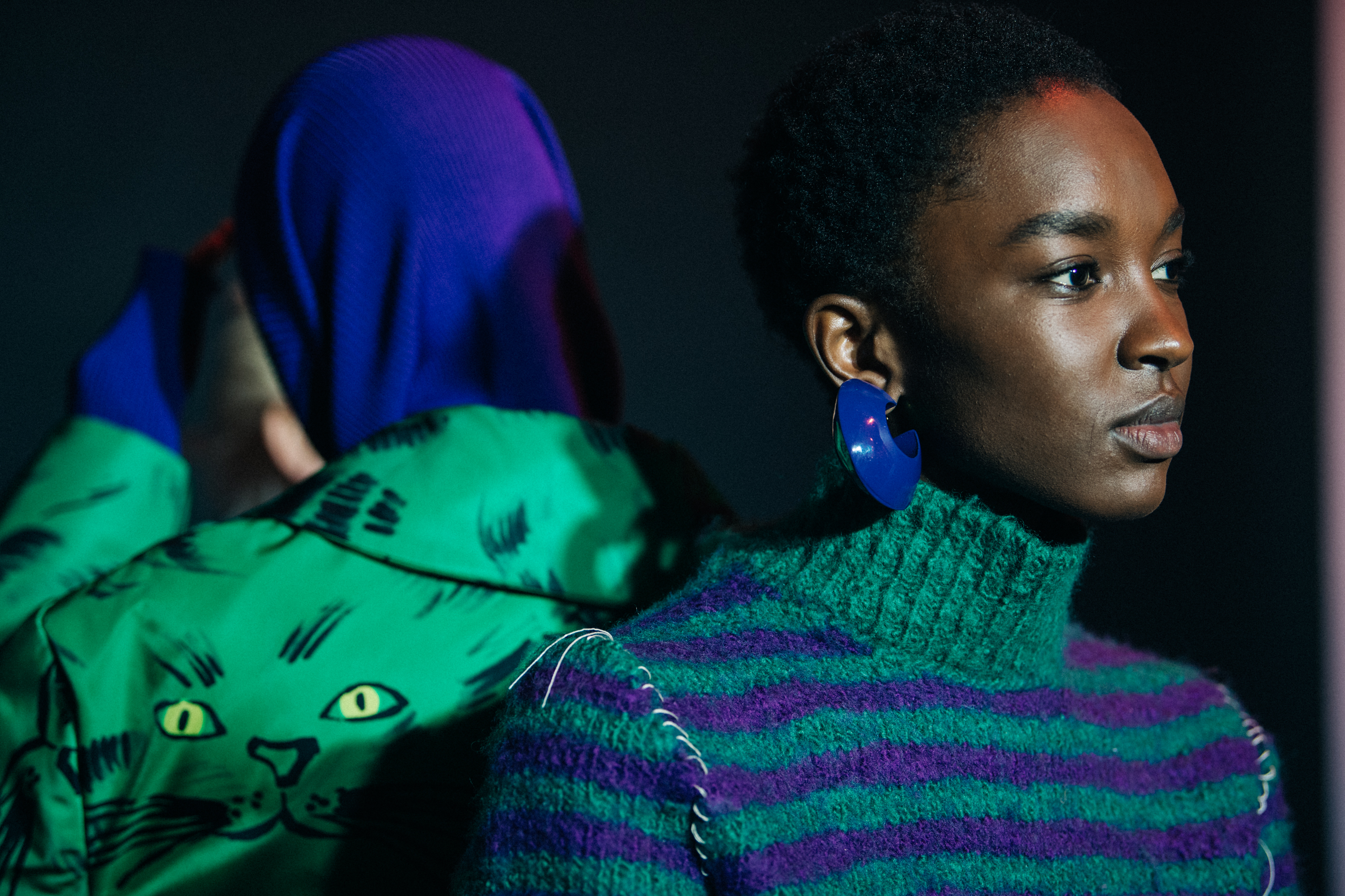 Model wearing green and purple at Marni