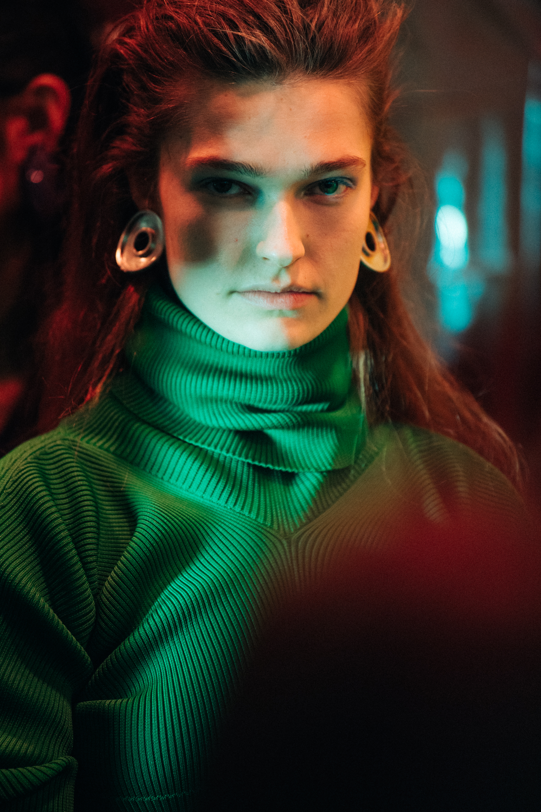 Model wearing green turtleneck at Marni