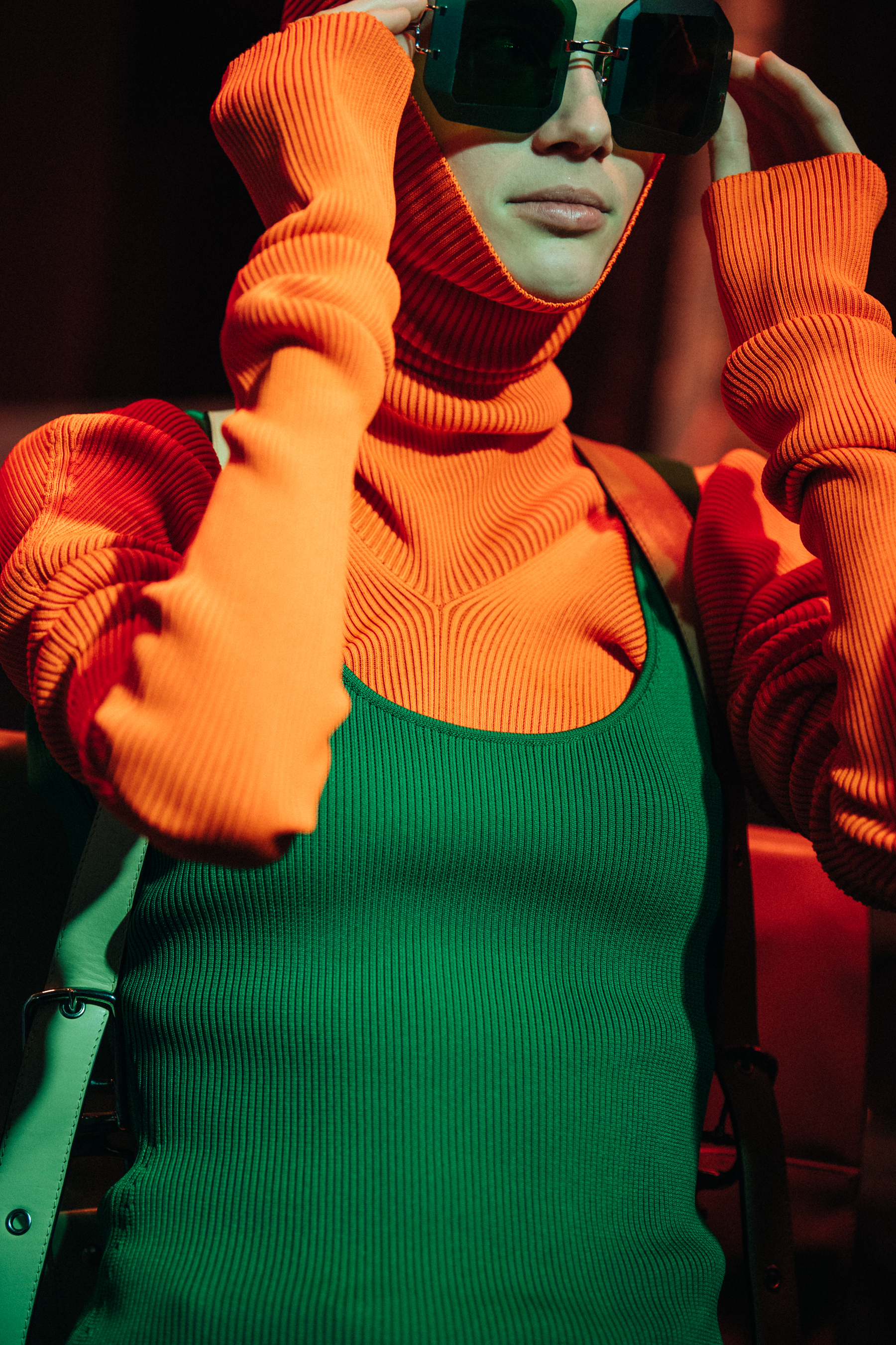 Model wearing orange and green at Marni