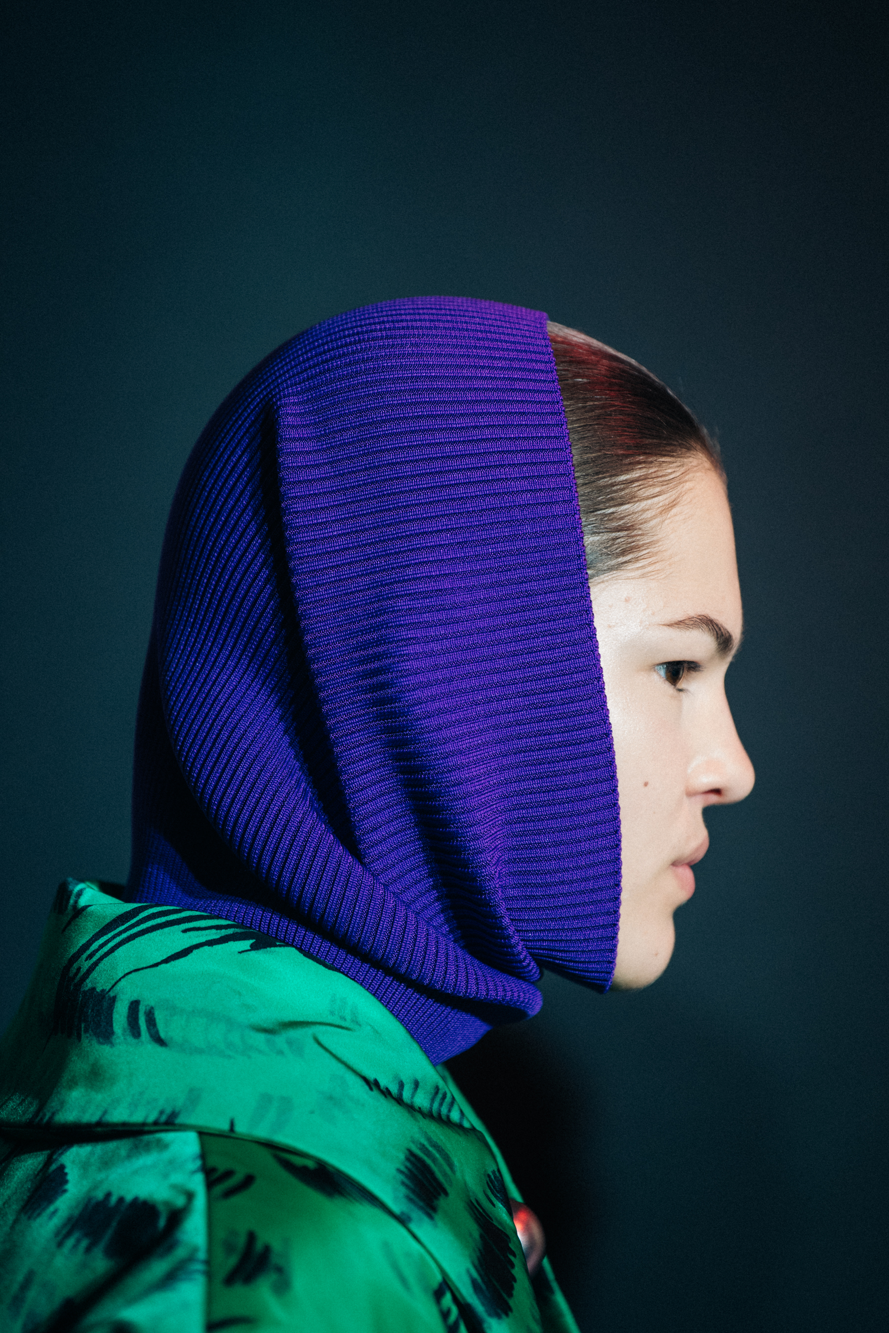 Model wearing green and purple at Marni