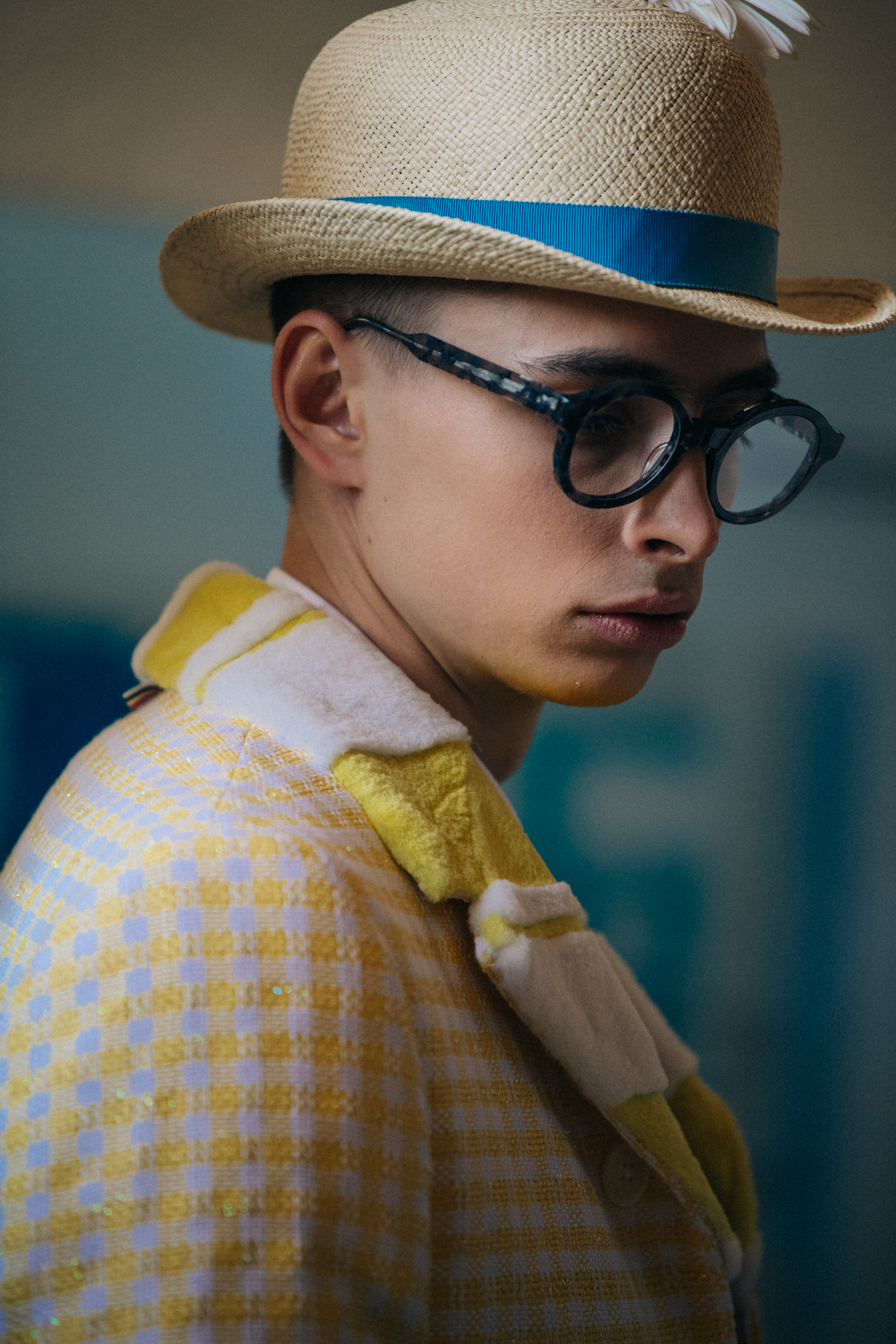 Models wearing yellow Thom Browne outfit