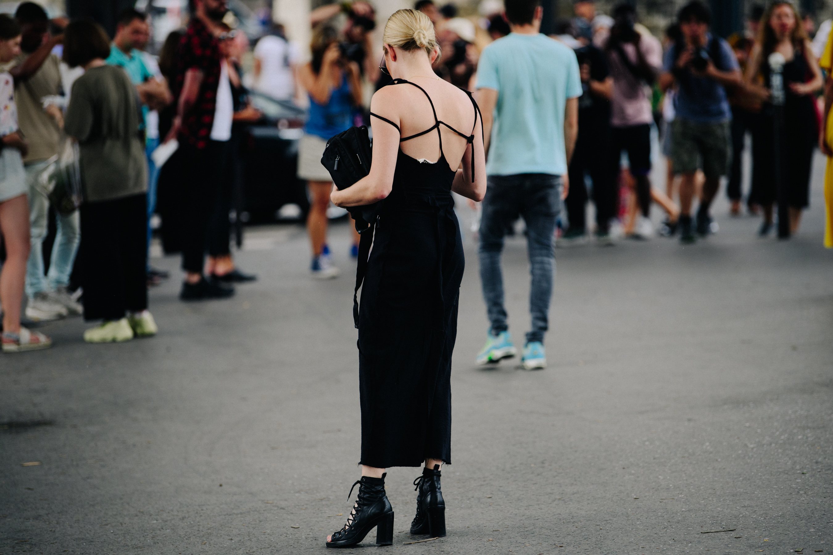 Woman wearing black dress