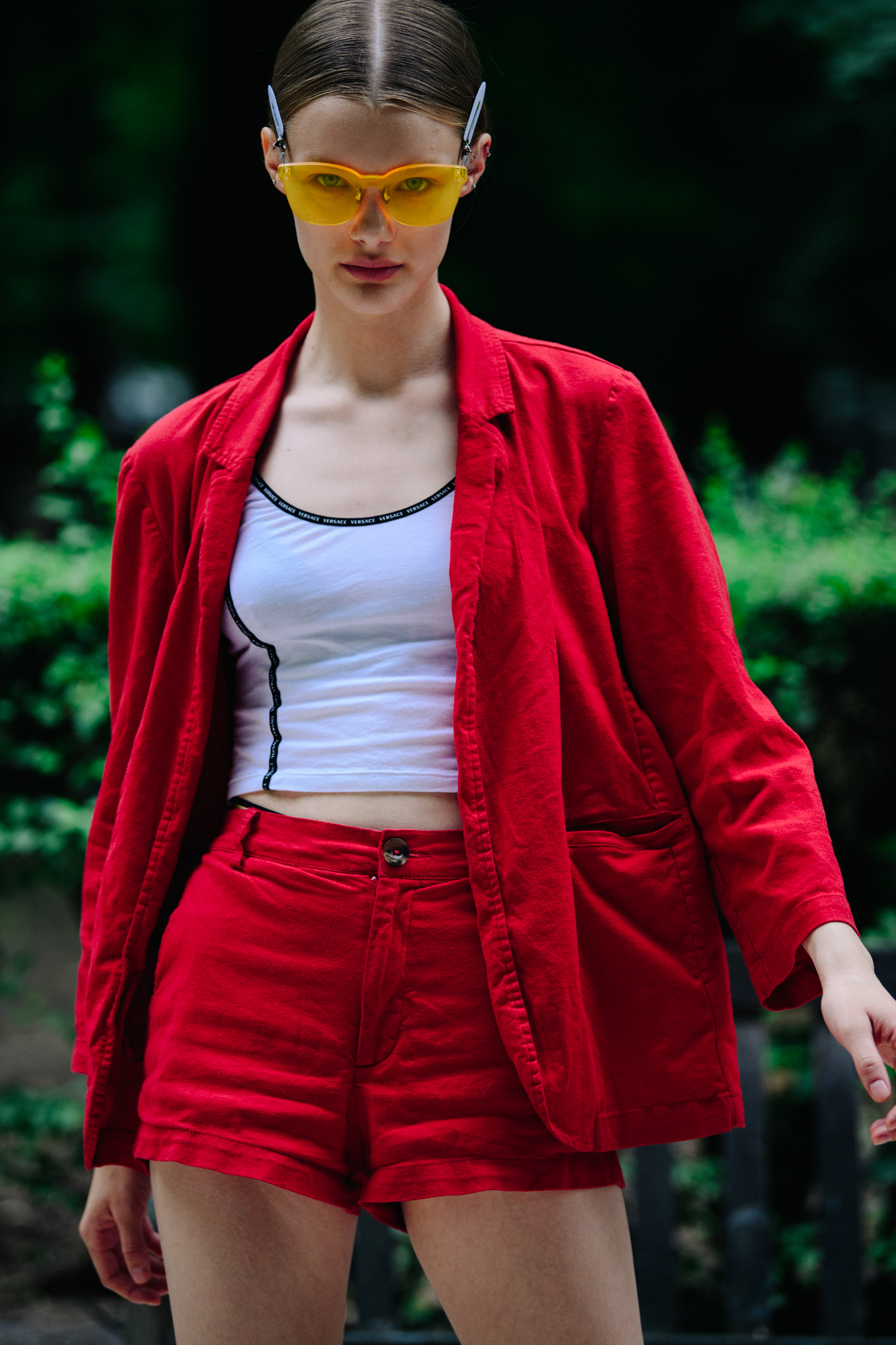 Model wearing red outfit