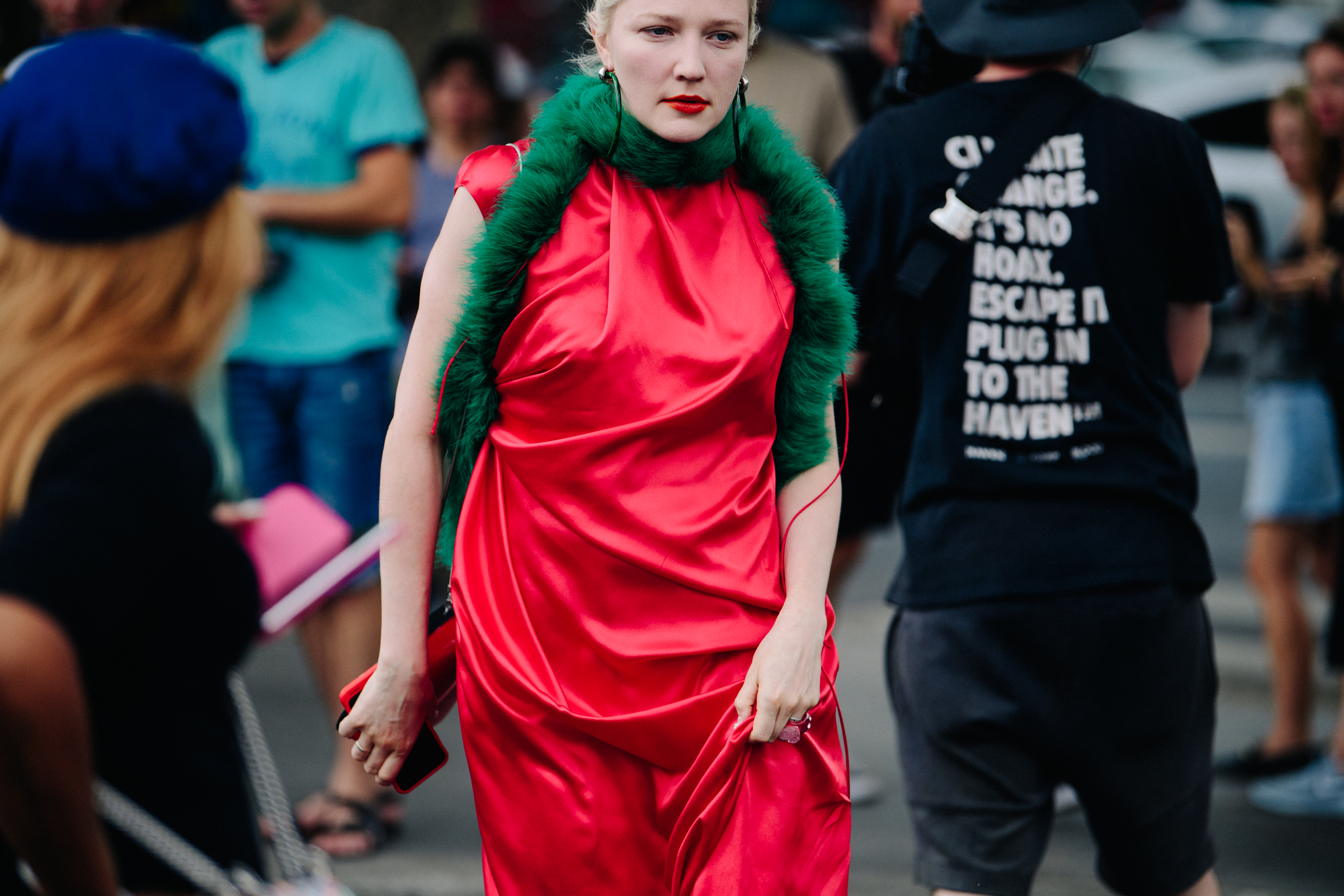 Stylist wearing red dress