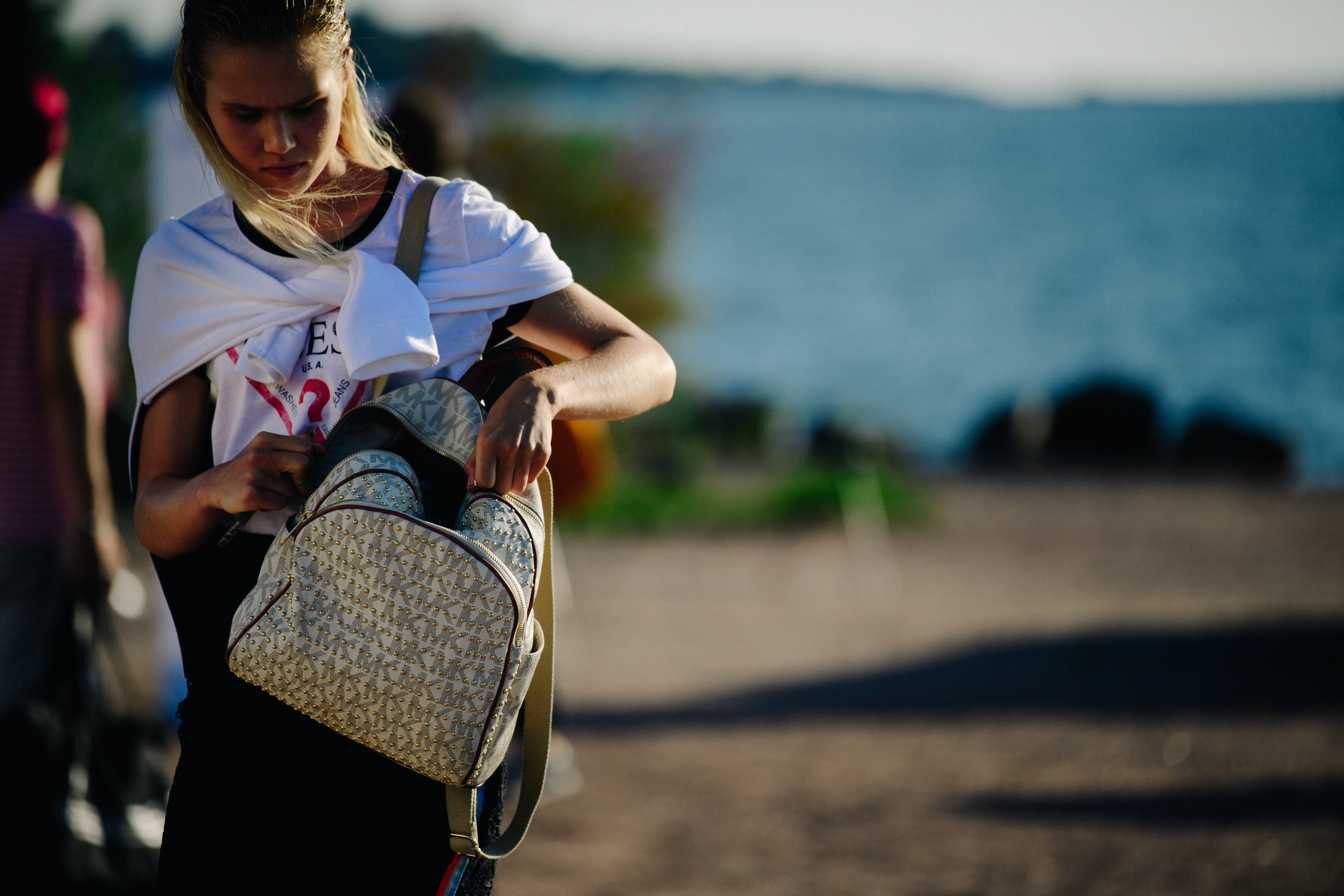 Model carrying silver bag