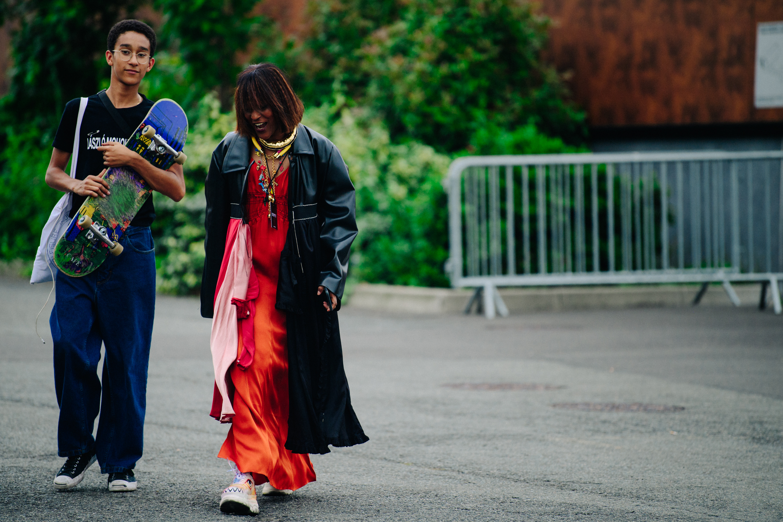 Mother and son wearing stylish clothing