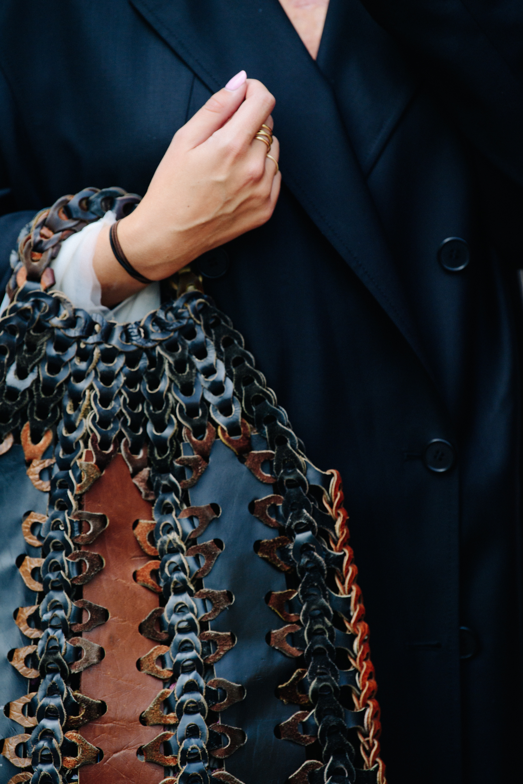 Woman carrying leather bag