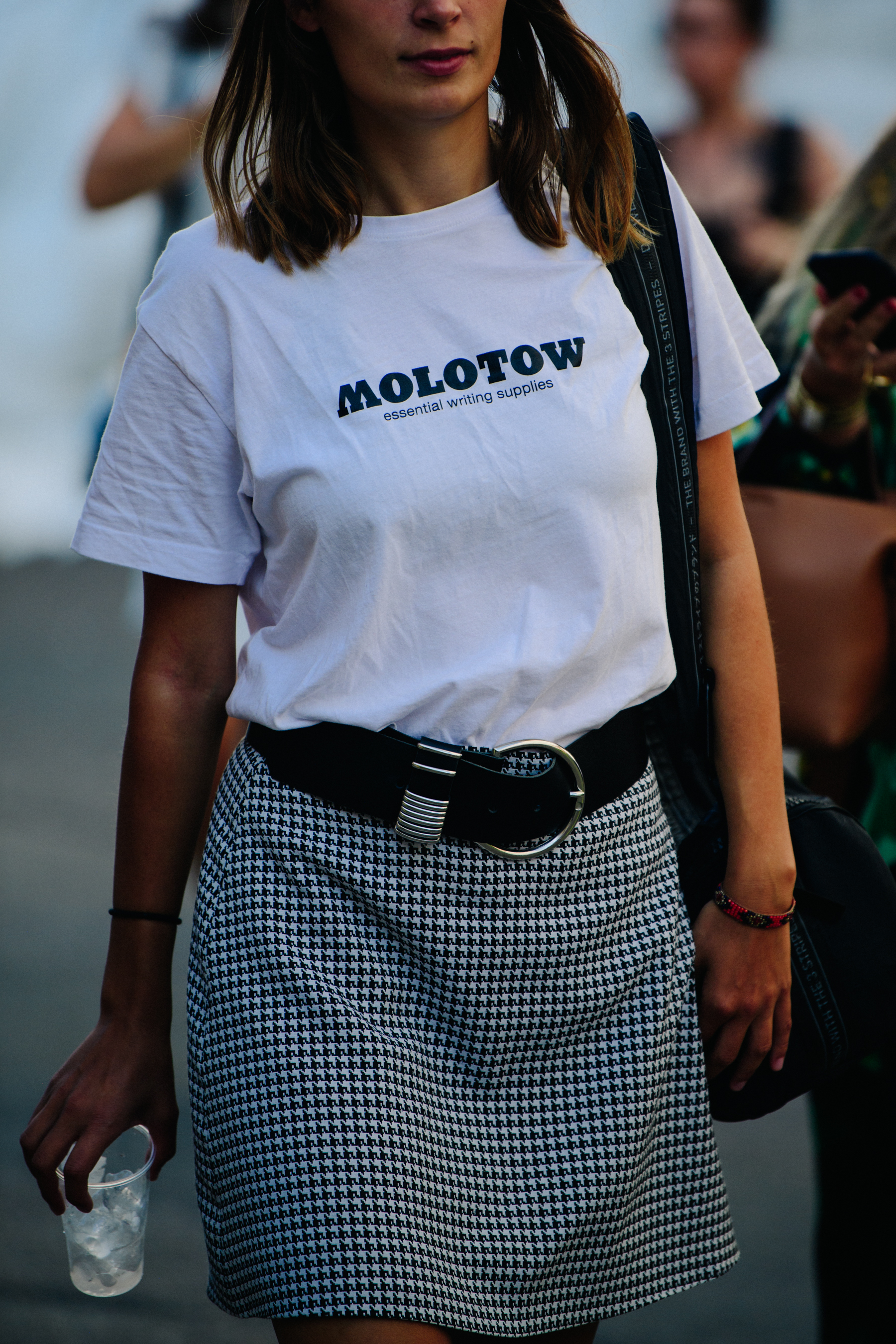 Woman wearing graphic tee shirt