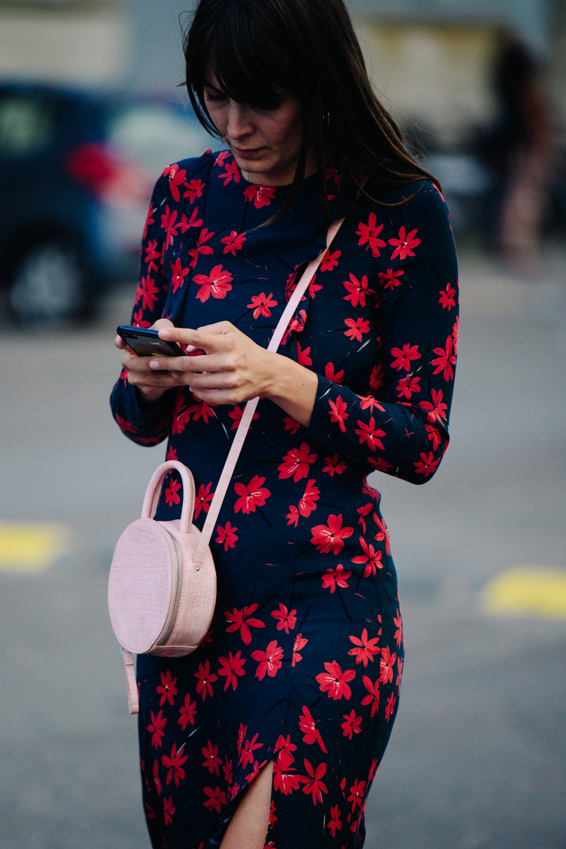 Woman wearing red floral dress