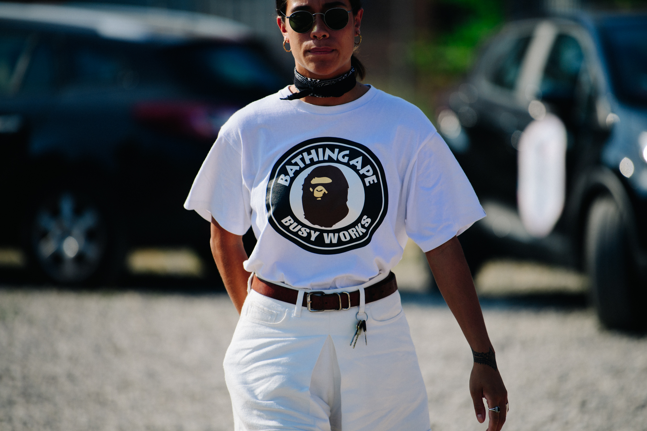 Woman wearing BAPE shirt