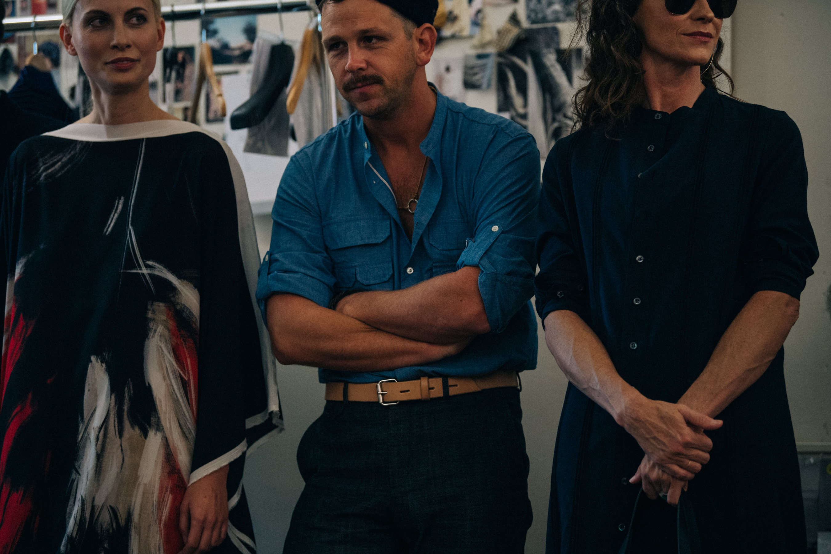 Model wearing blue shirt at Billy Reid