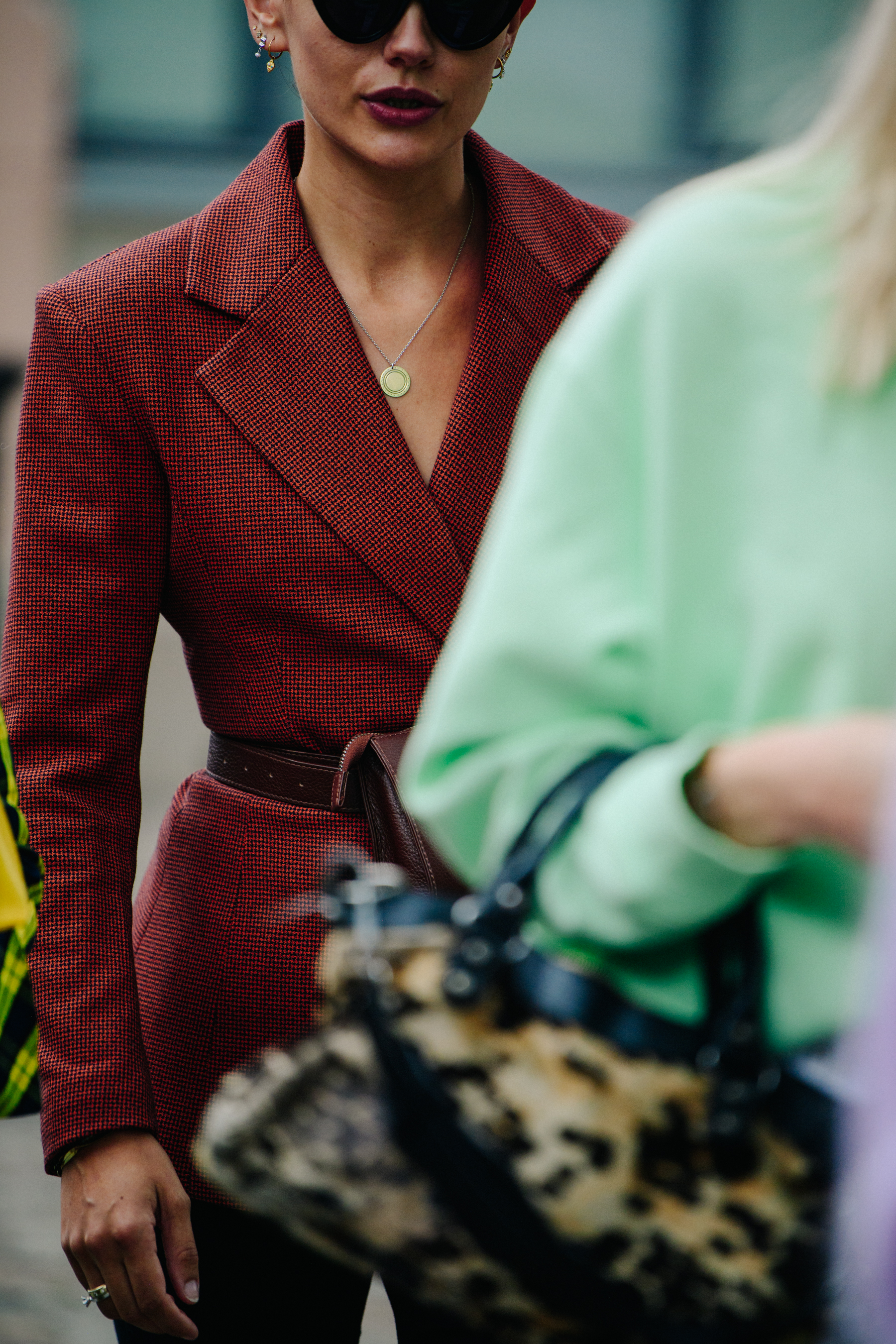 Woman wearing red jacket