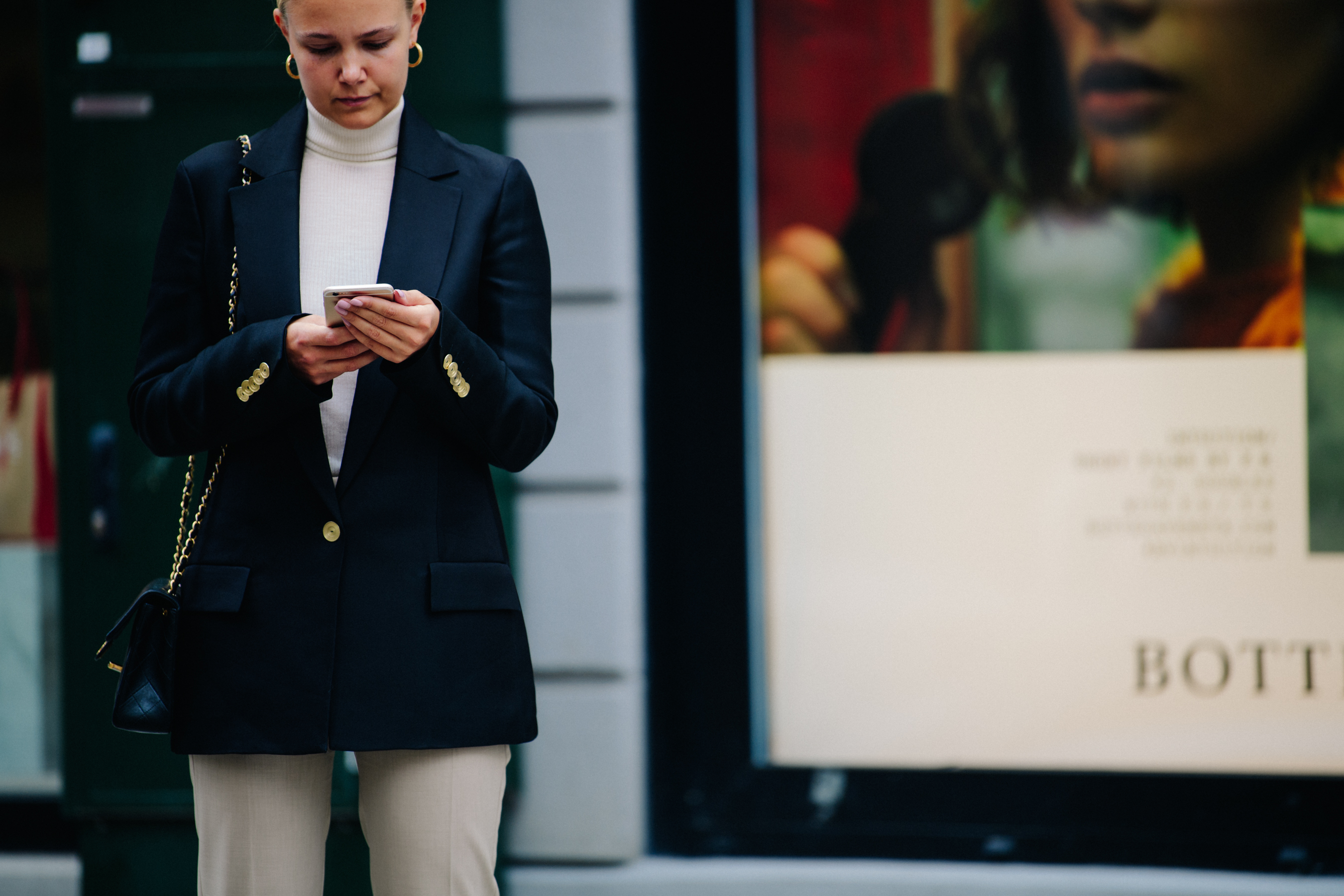 Woman wearing navy blazer
