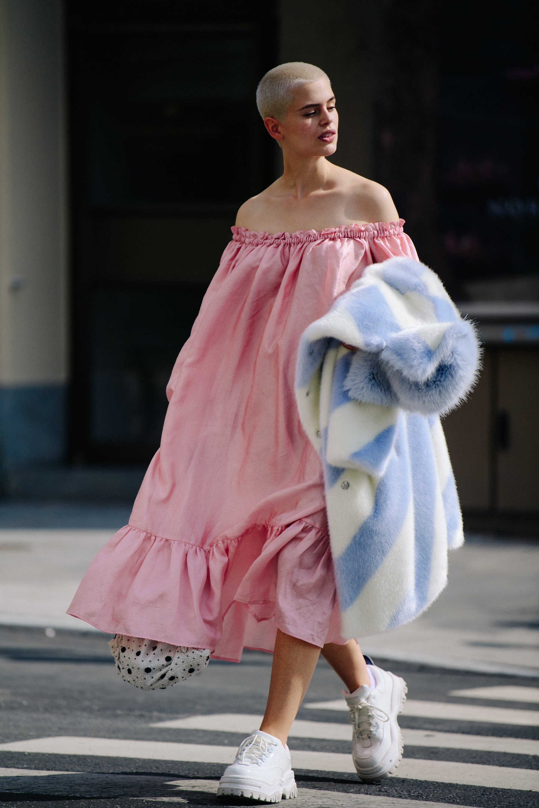 Model wearing pink dress