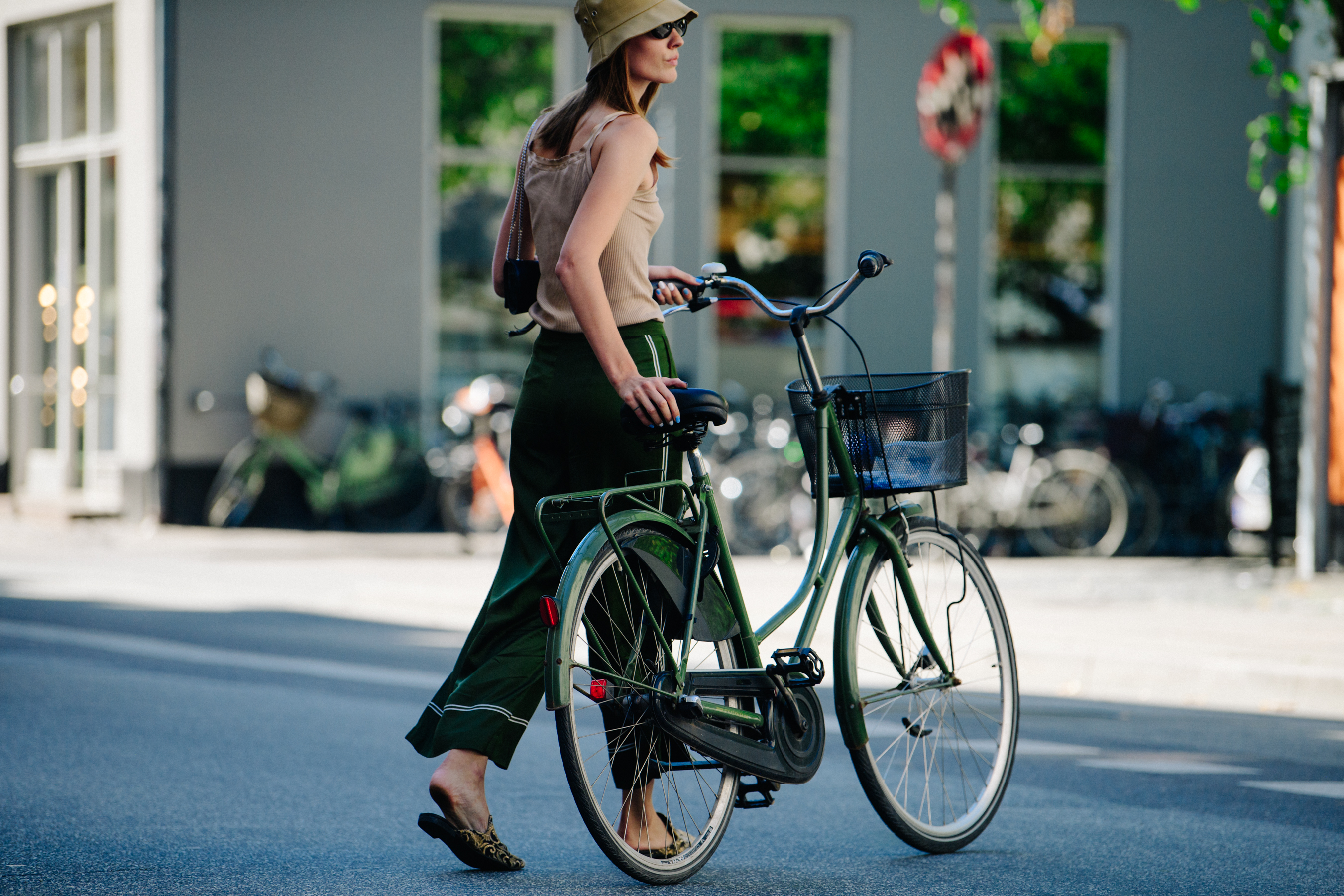 Woman wearing green pants