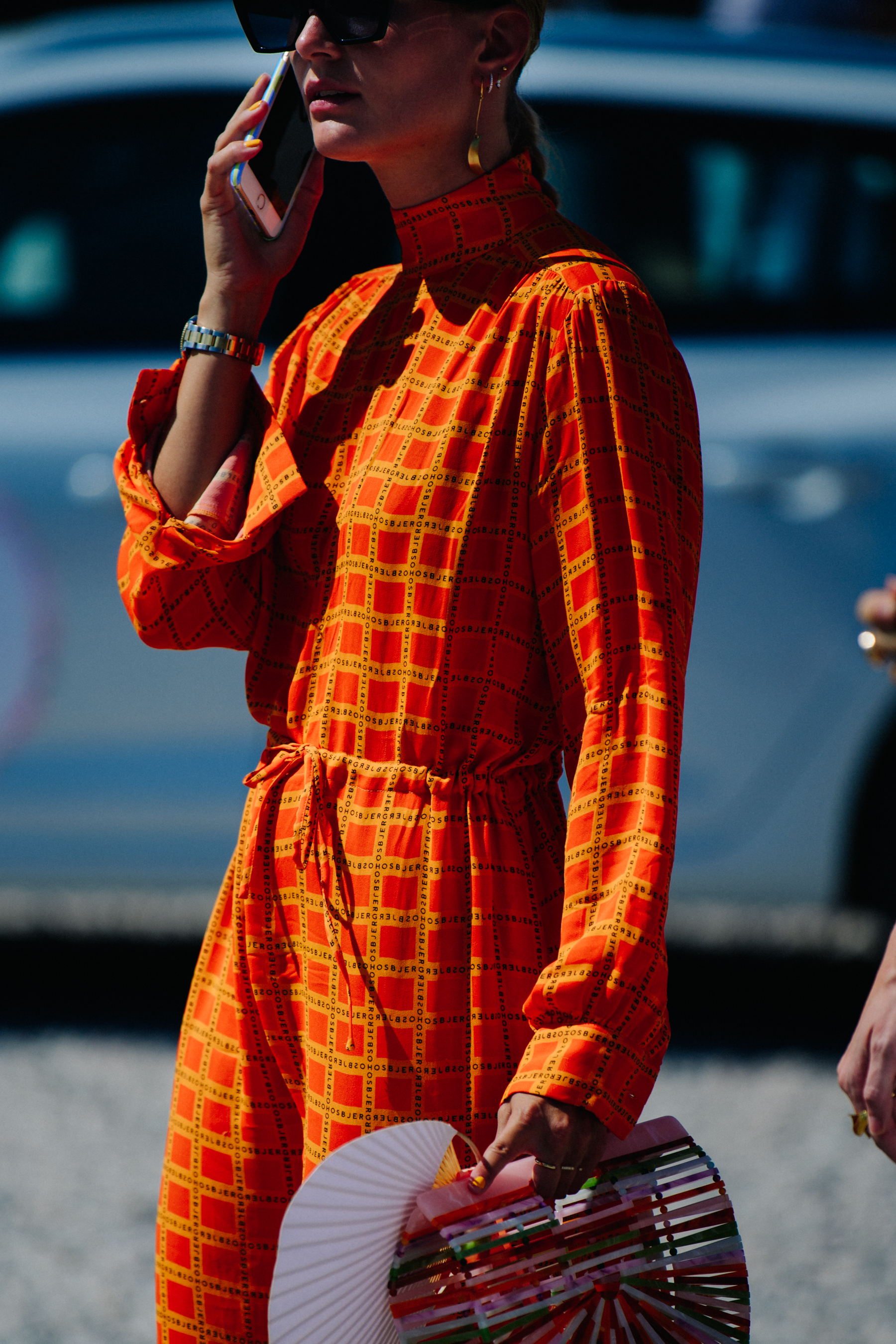Woman wearing orange dress