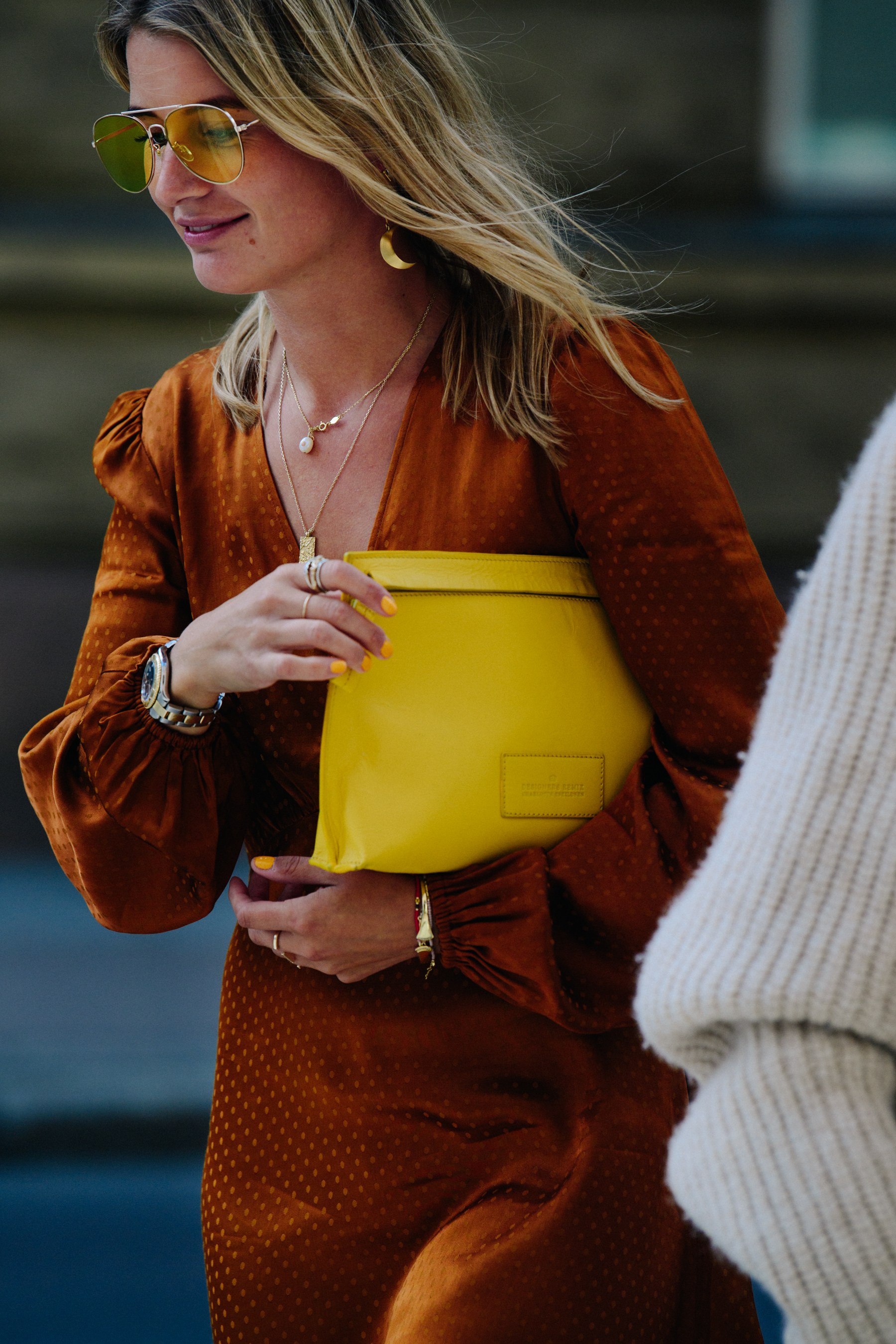 Woman wearing golden dress