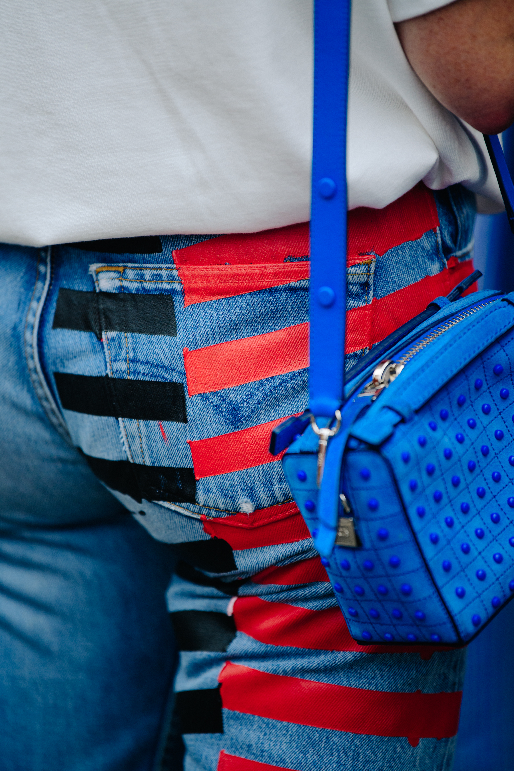 Woman wearing pattern denim jeans