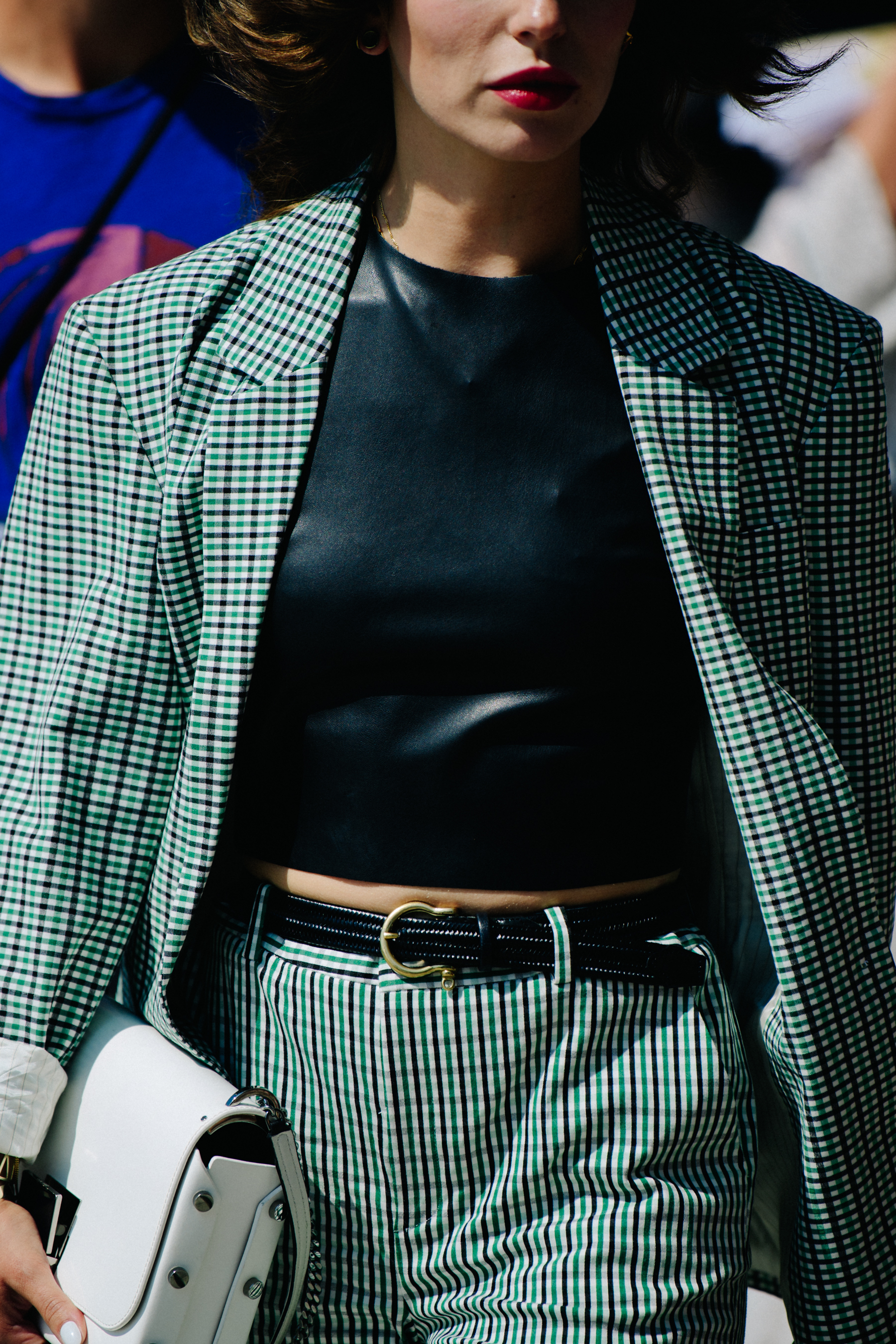 Woman wearing check suit