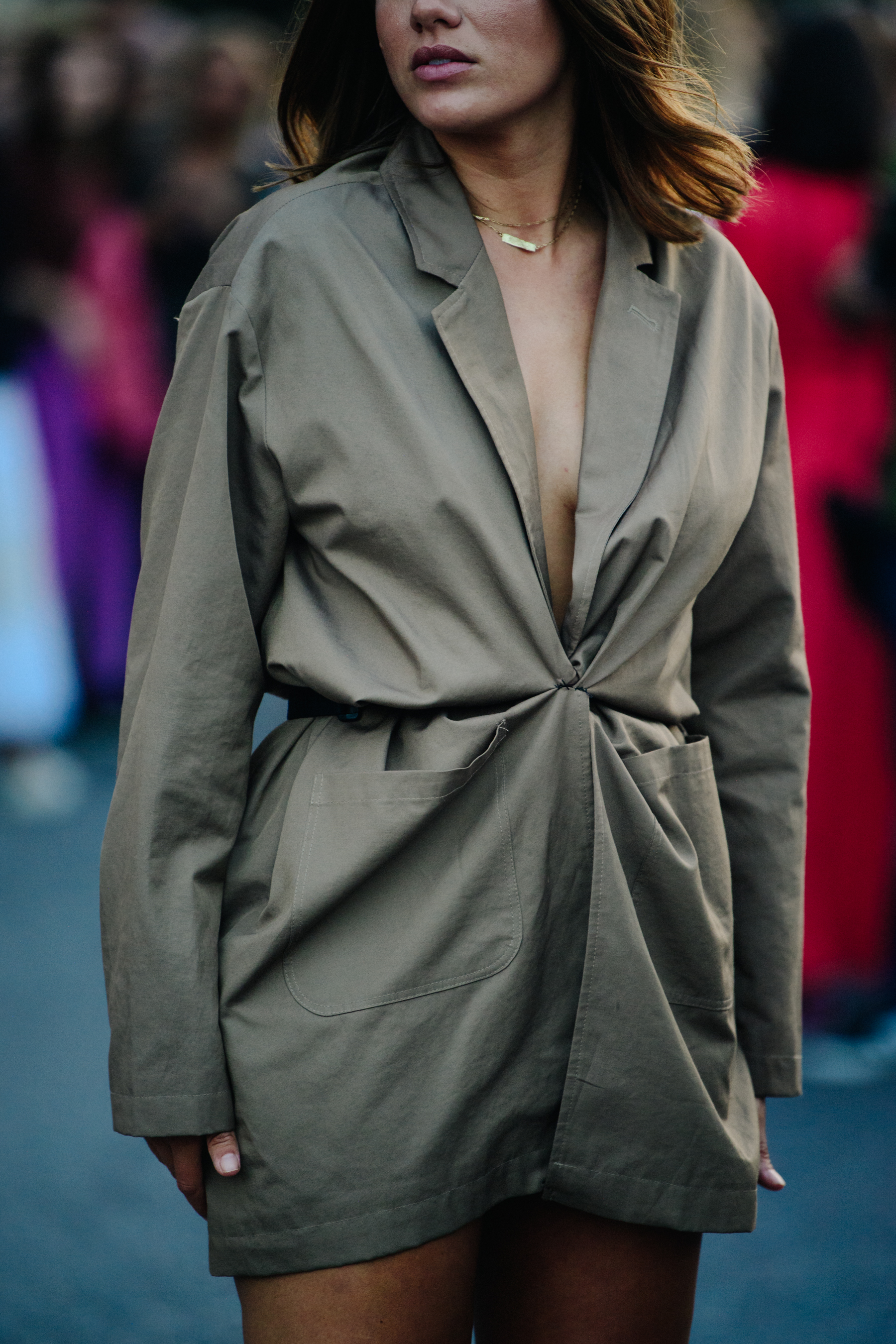 Woman wearing beige dress