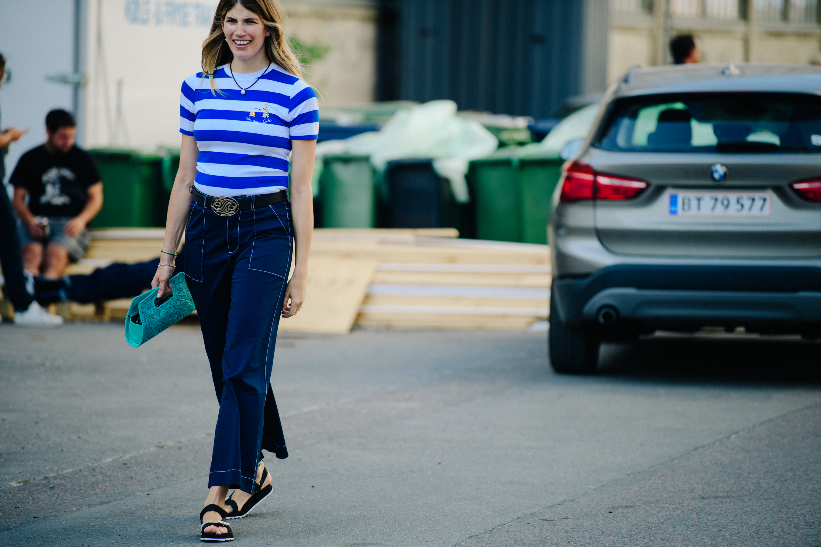 Woman wearing striped blue stop