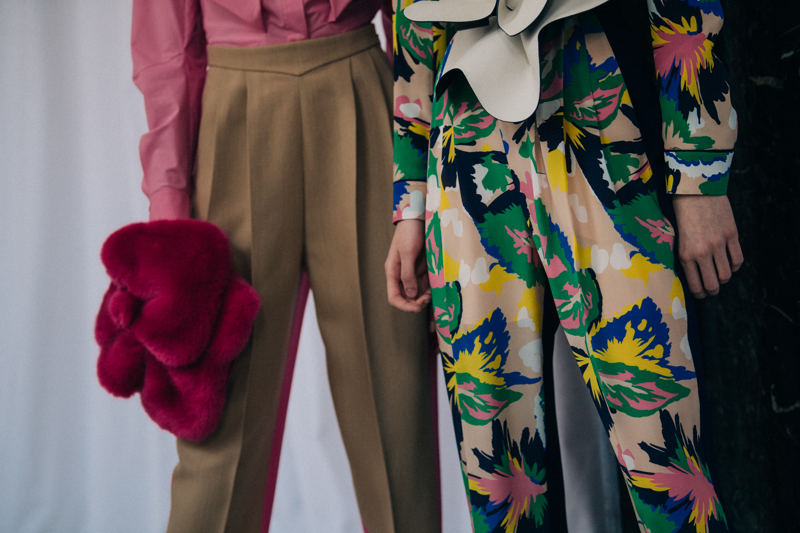 Model wearing floral patterns at Delpozo