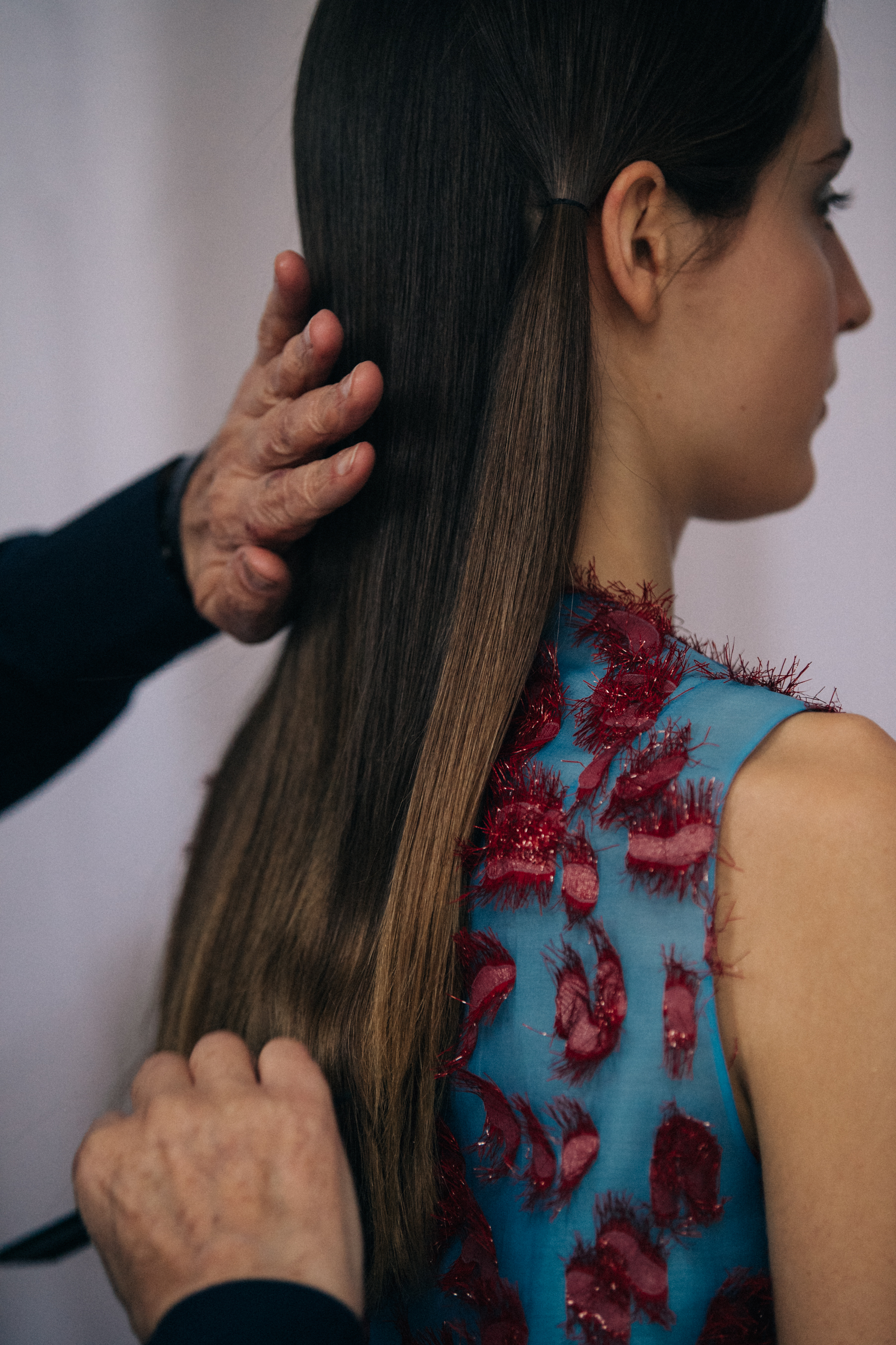 Model having hair styled
