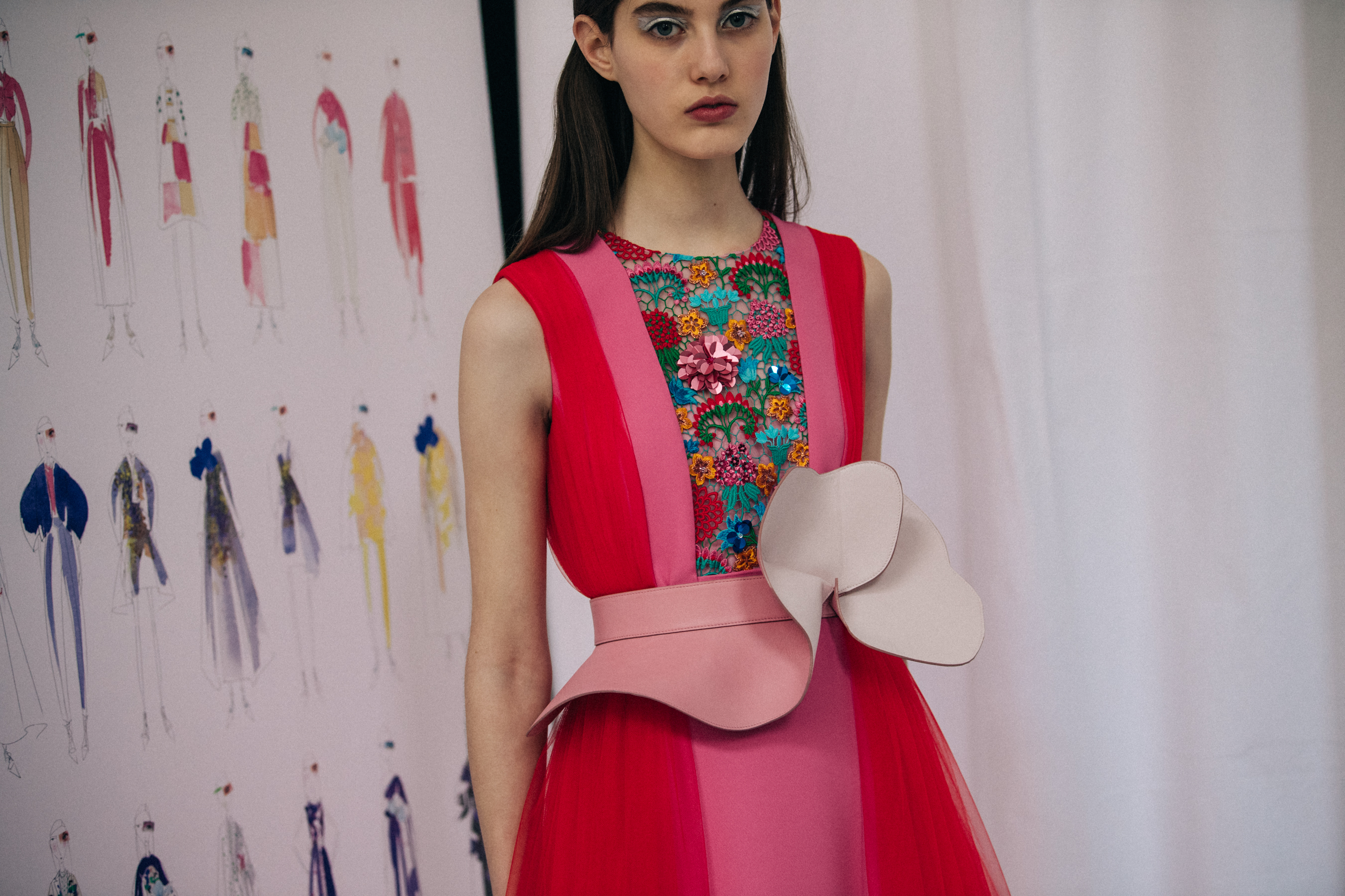 Model wearing pink dress at Delpozo