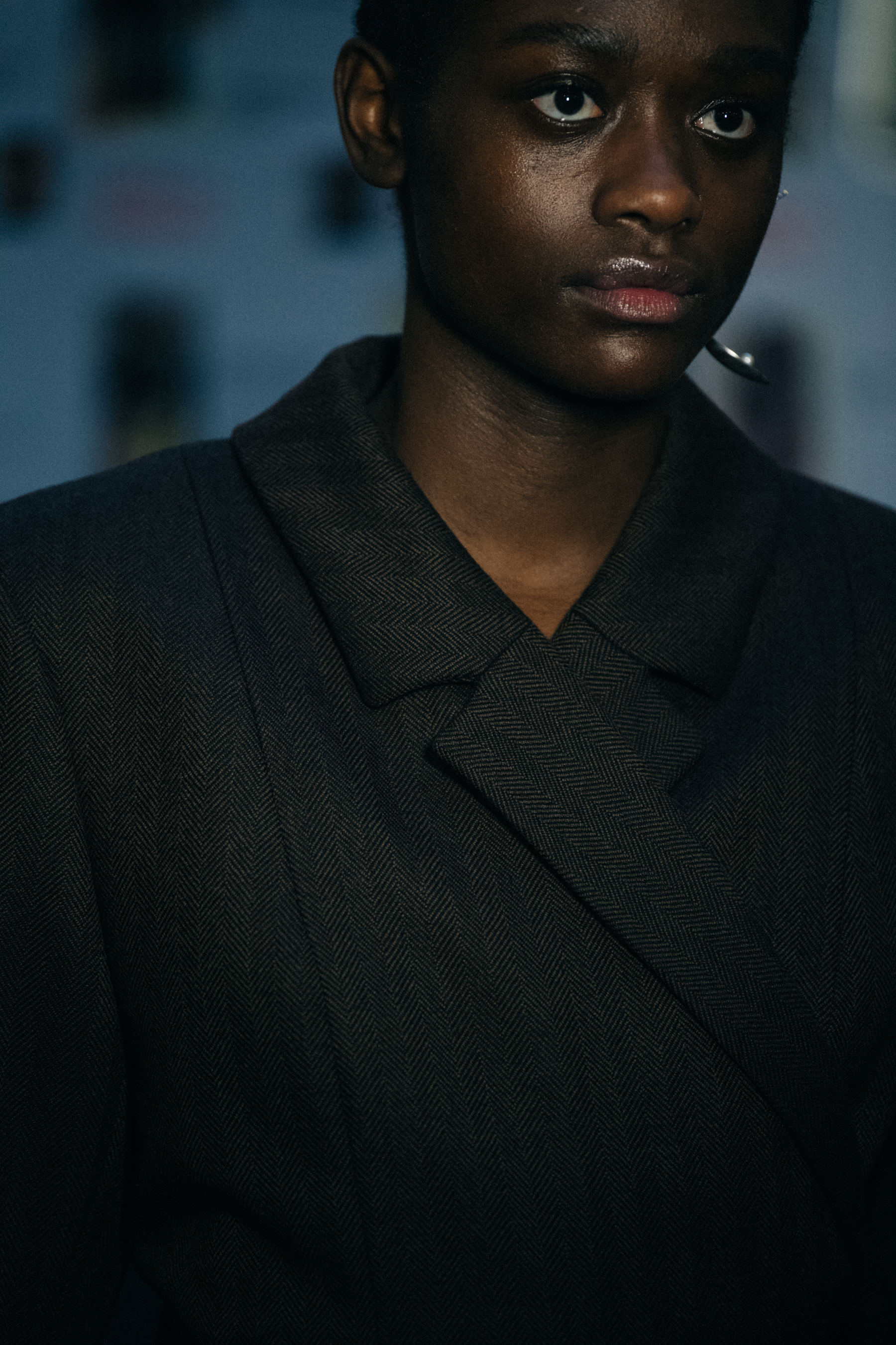 Black model wearing black suit at Freya Dalsjo