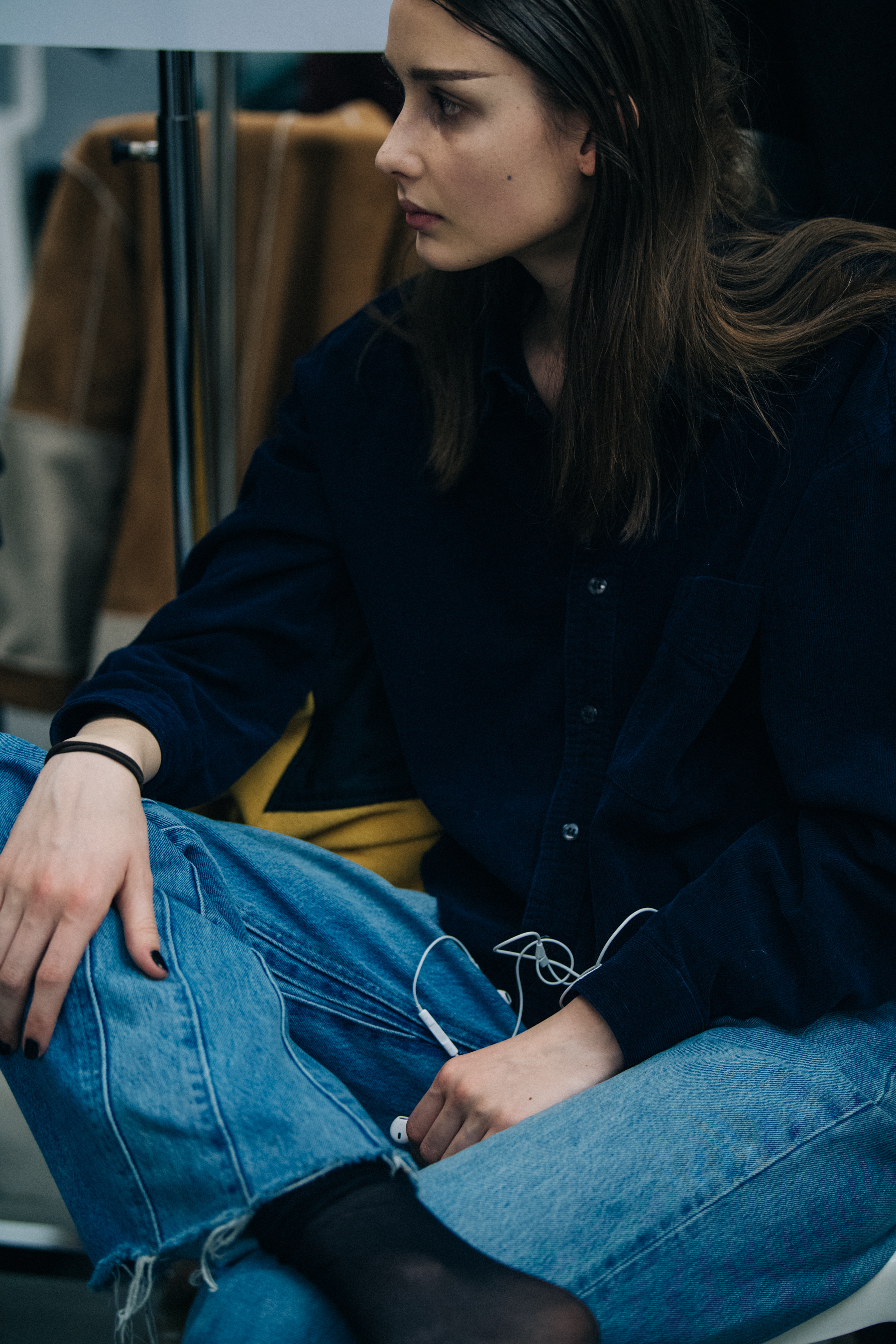Model waiting backstage at Olivier Theyskens