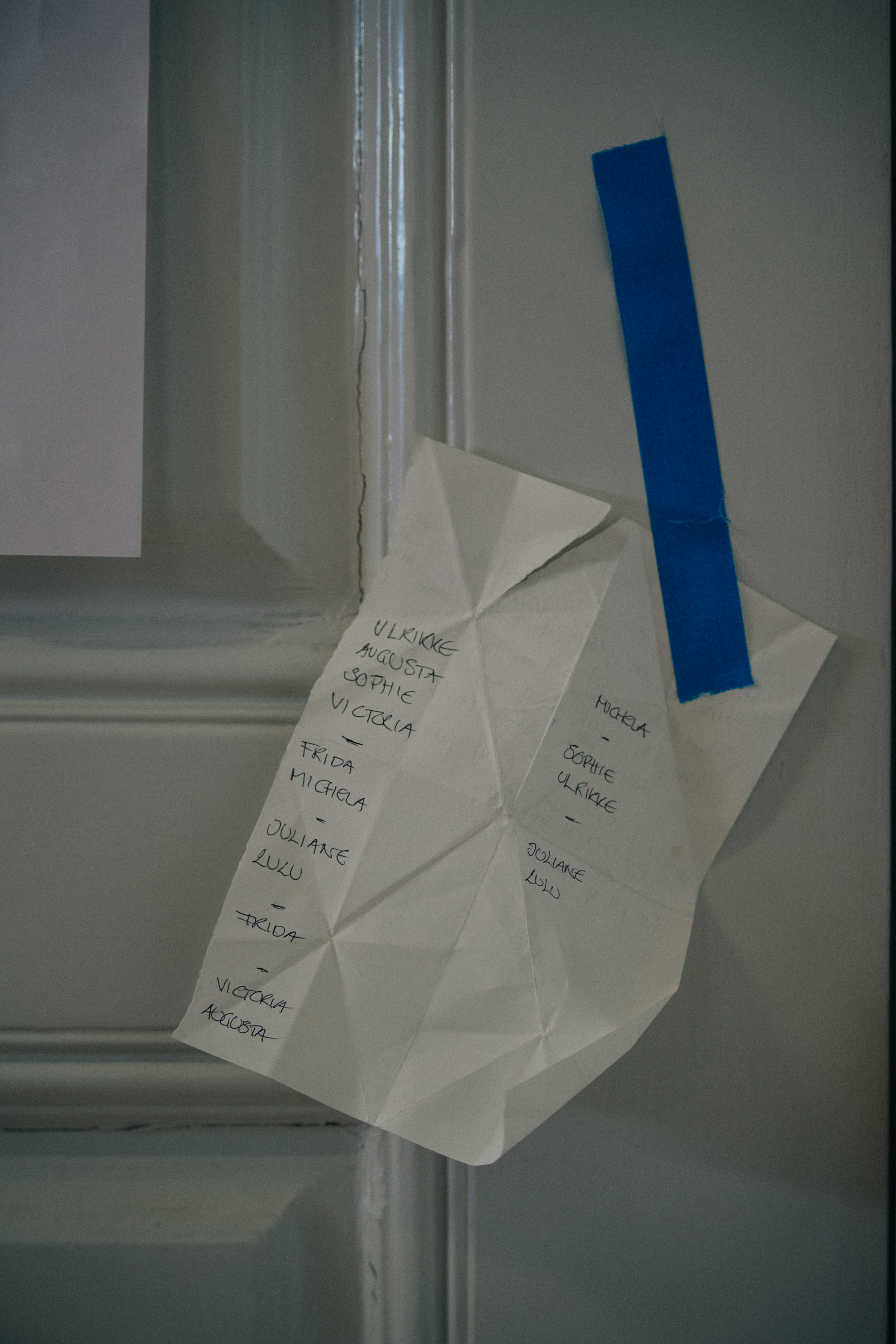 Model names written on paper at Stine Goya