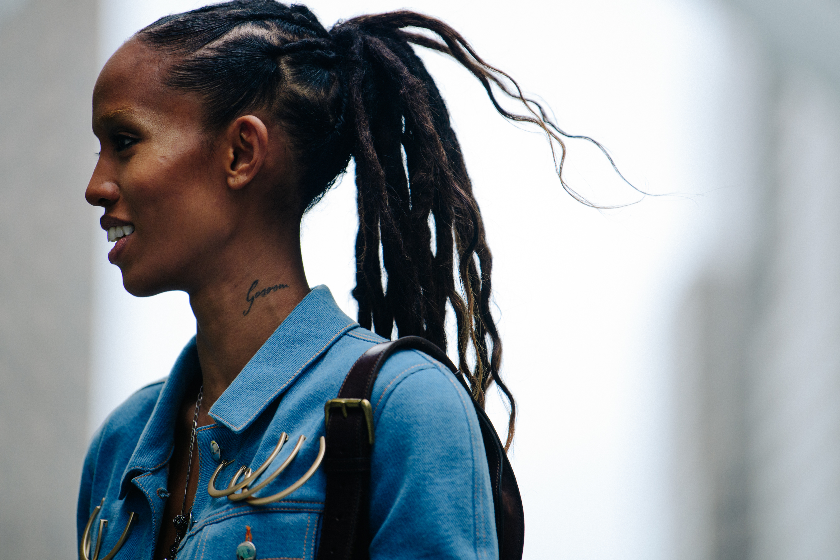 Model wearing denim jacket