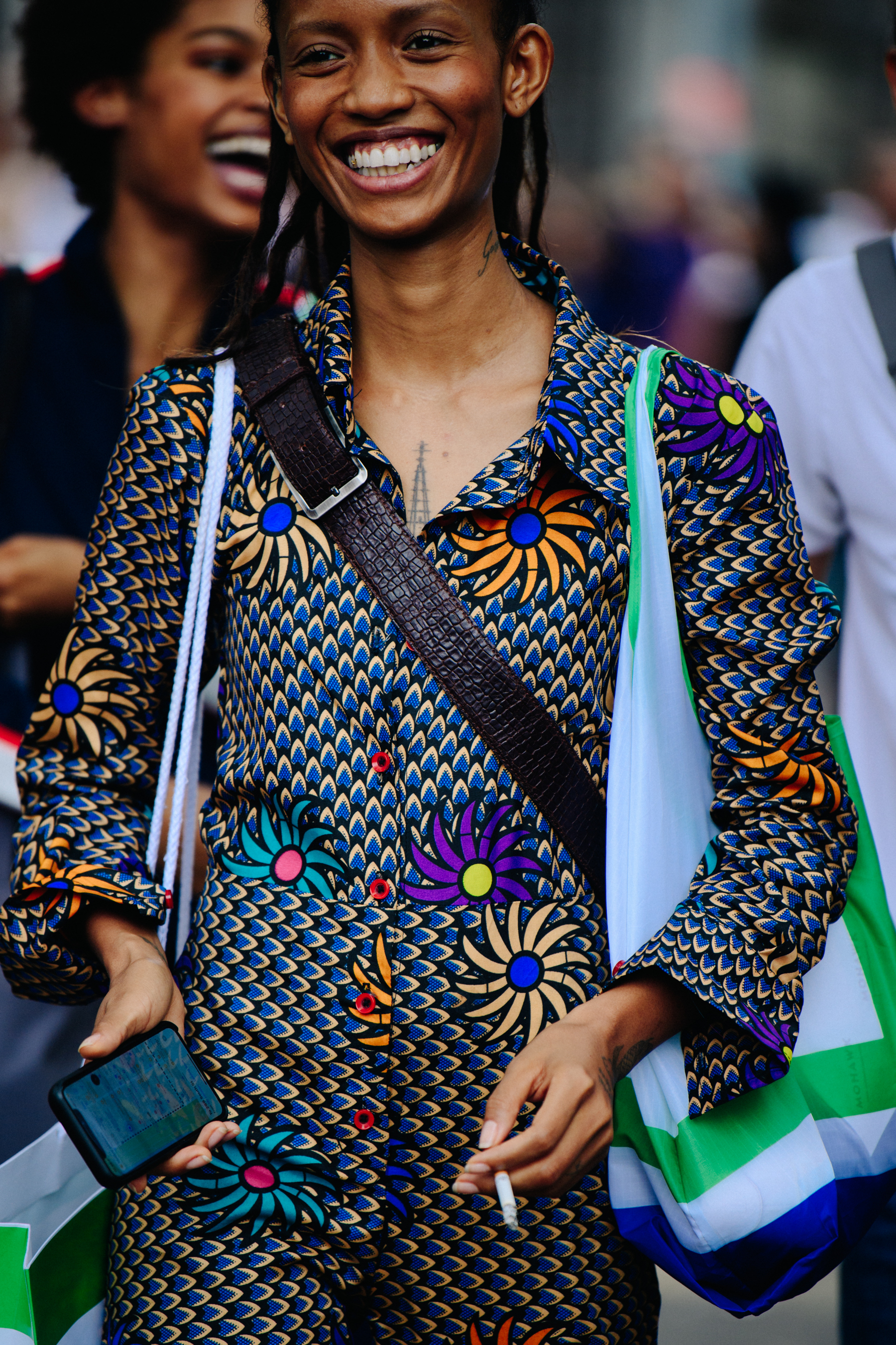 Model wearing pattern outfit