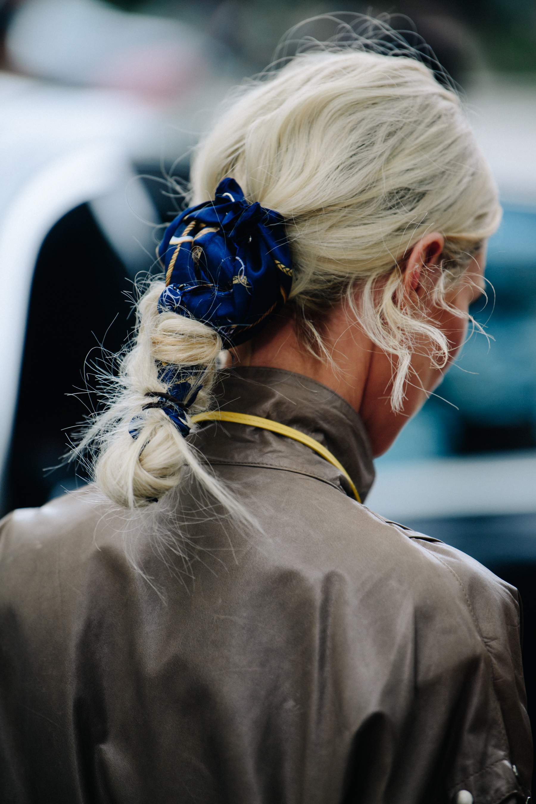Woman wearing blue hair tie