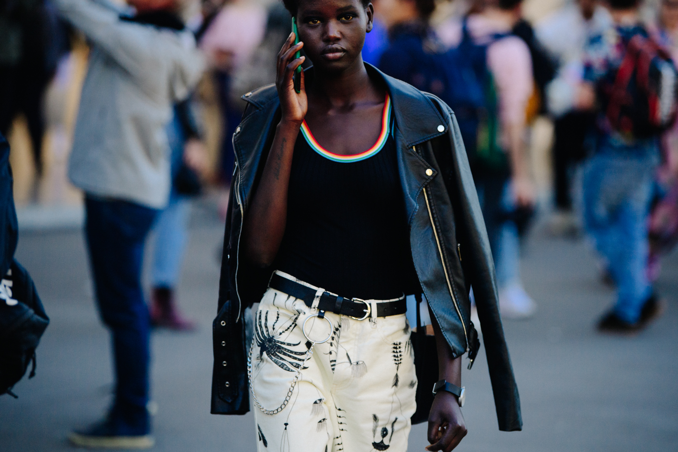 Model wearing black leather jacket