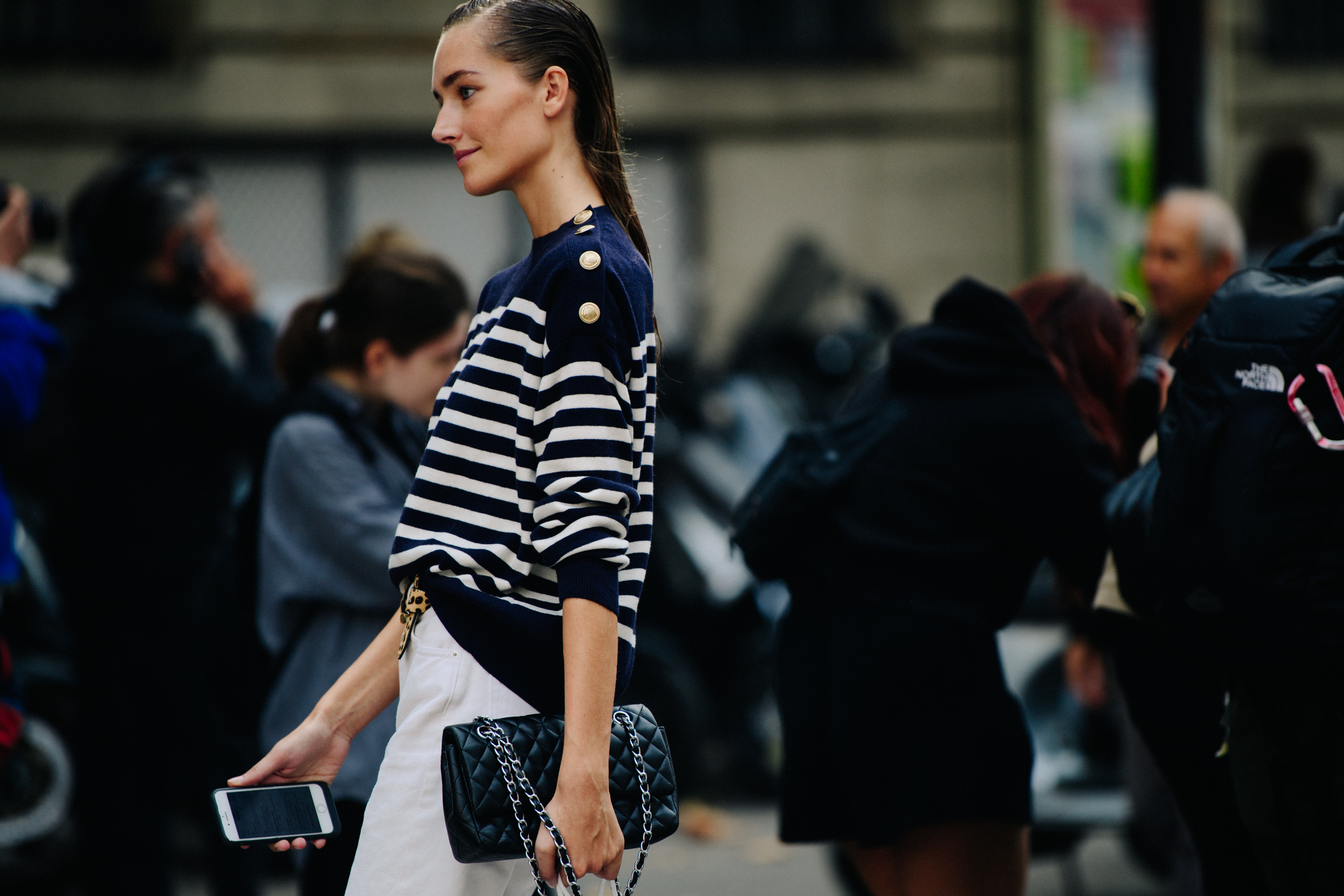 Model wearing striped top