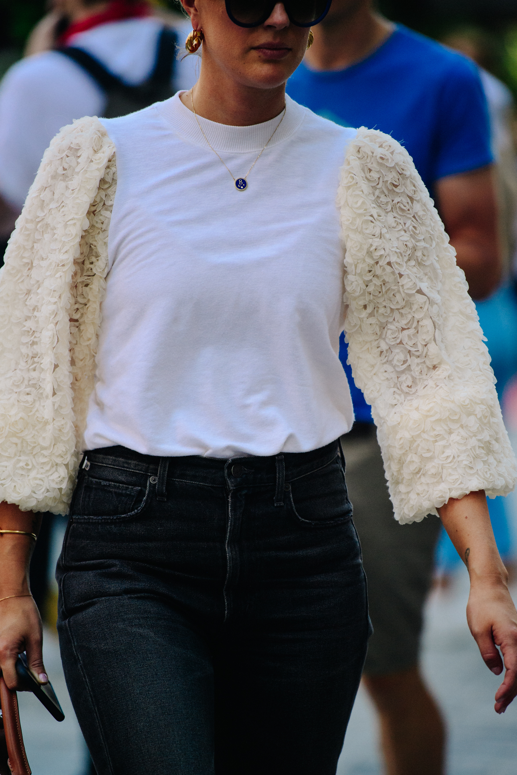 Woman wearing white lace top
