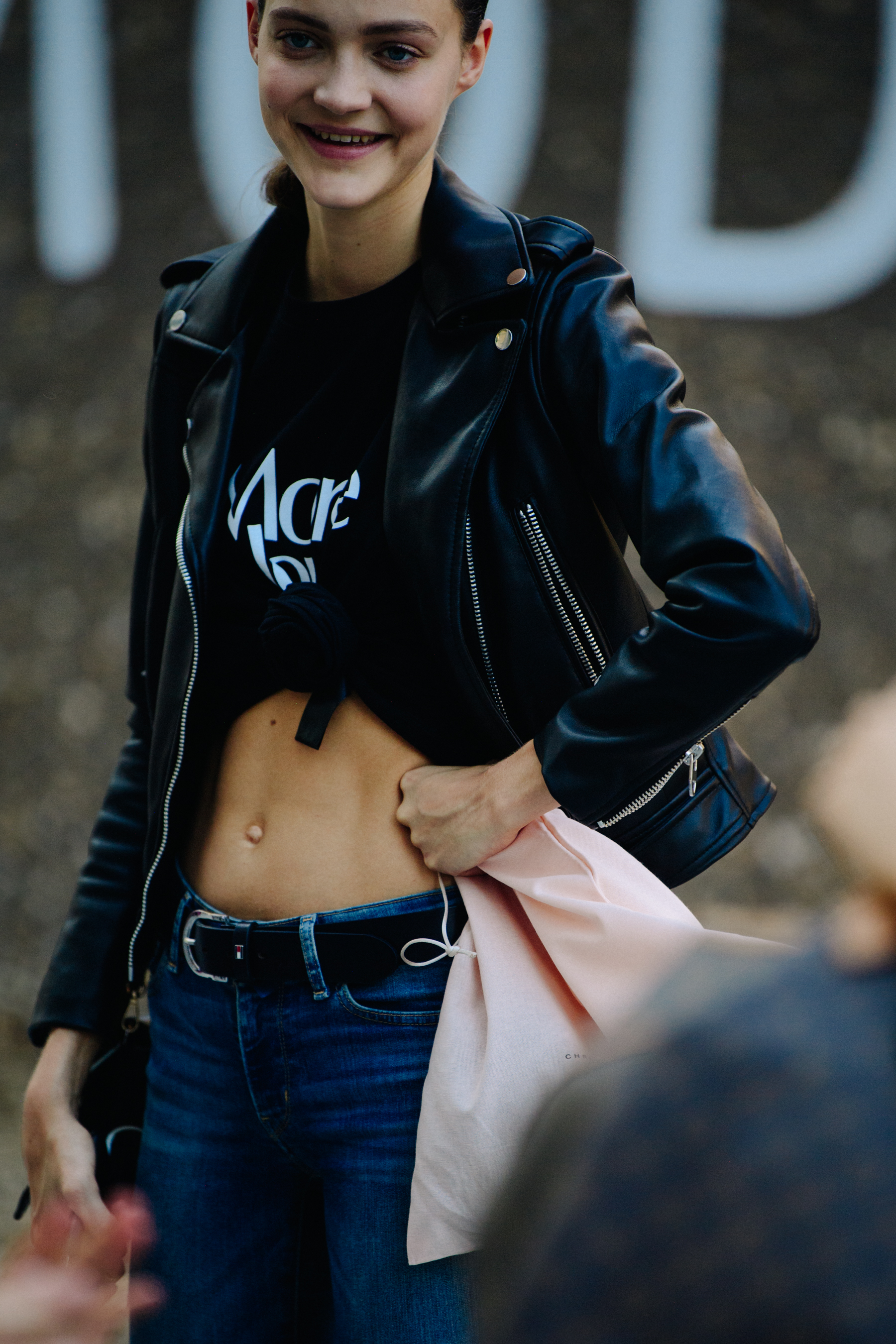 Model wearing leather jacket